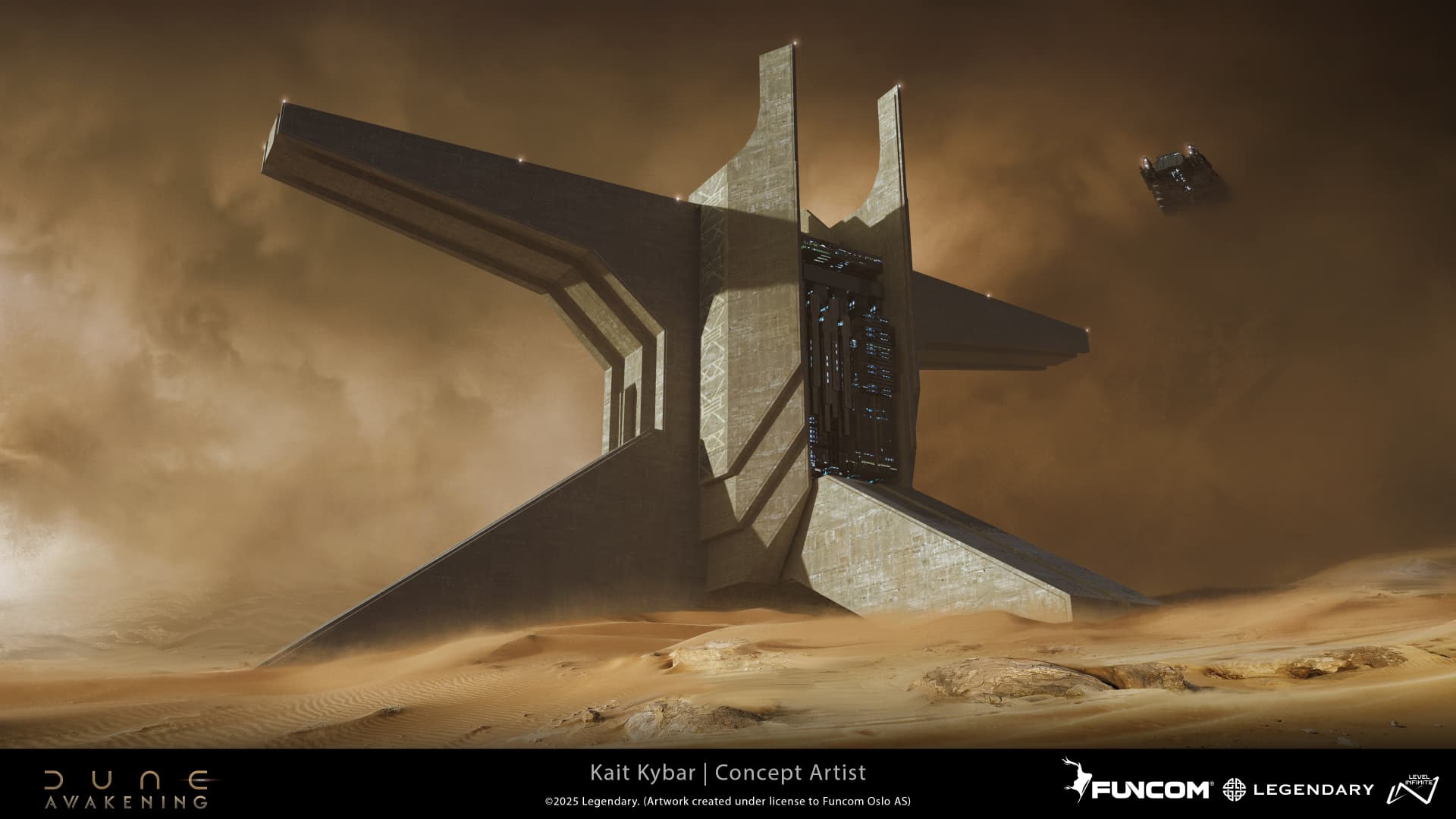 A four-winged concrete monument carved with geometric patterns as a spacecraft descends overhead