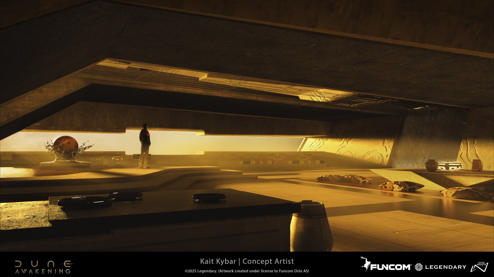 A lone figure standing in golden light inside a vast layered interior