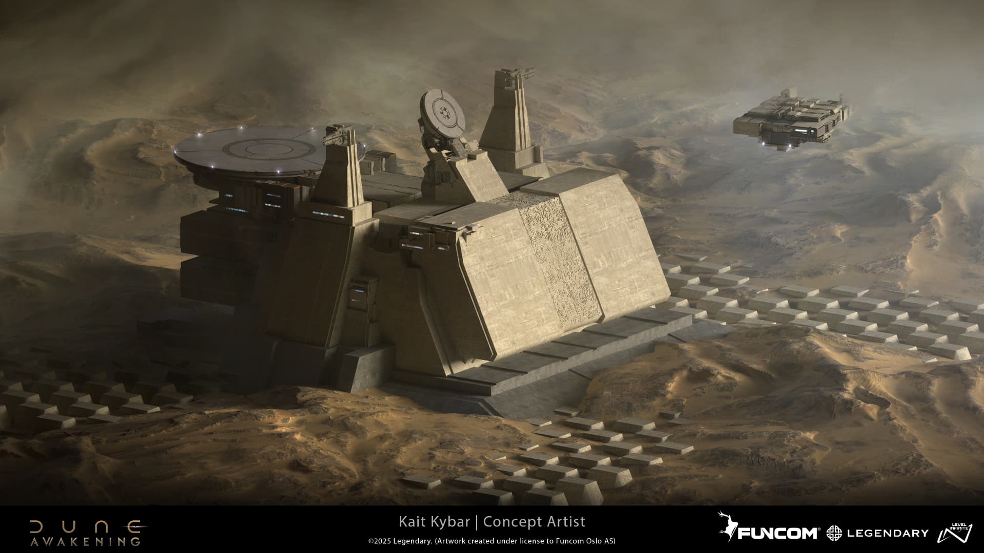 A high-angle view of a vast outpost with a circular landing pad, sensor dishes, and a hovering transport