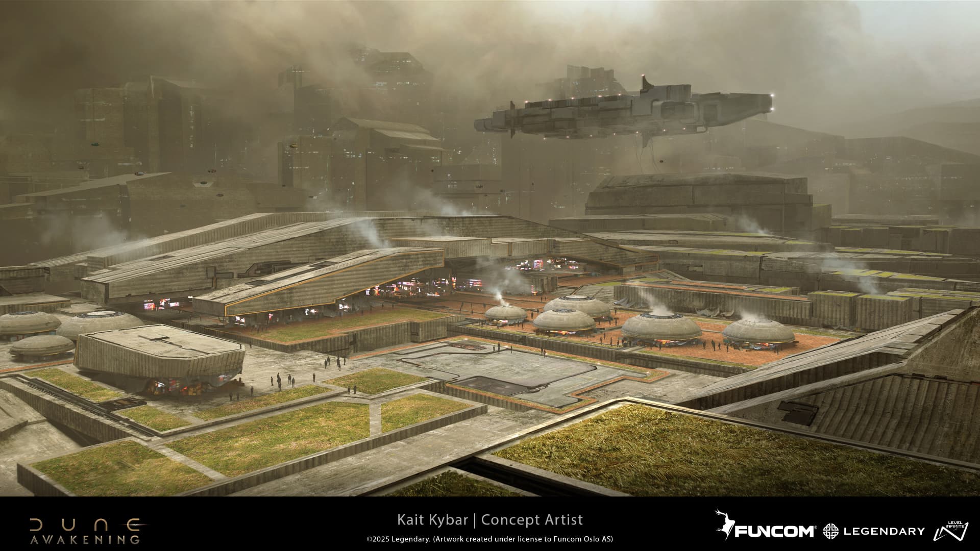 Aerial view of a domed settlement with rooftop terraces and a giant ship overhead