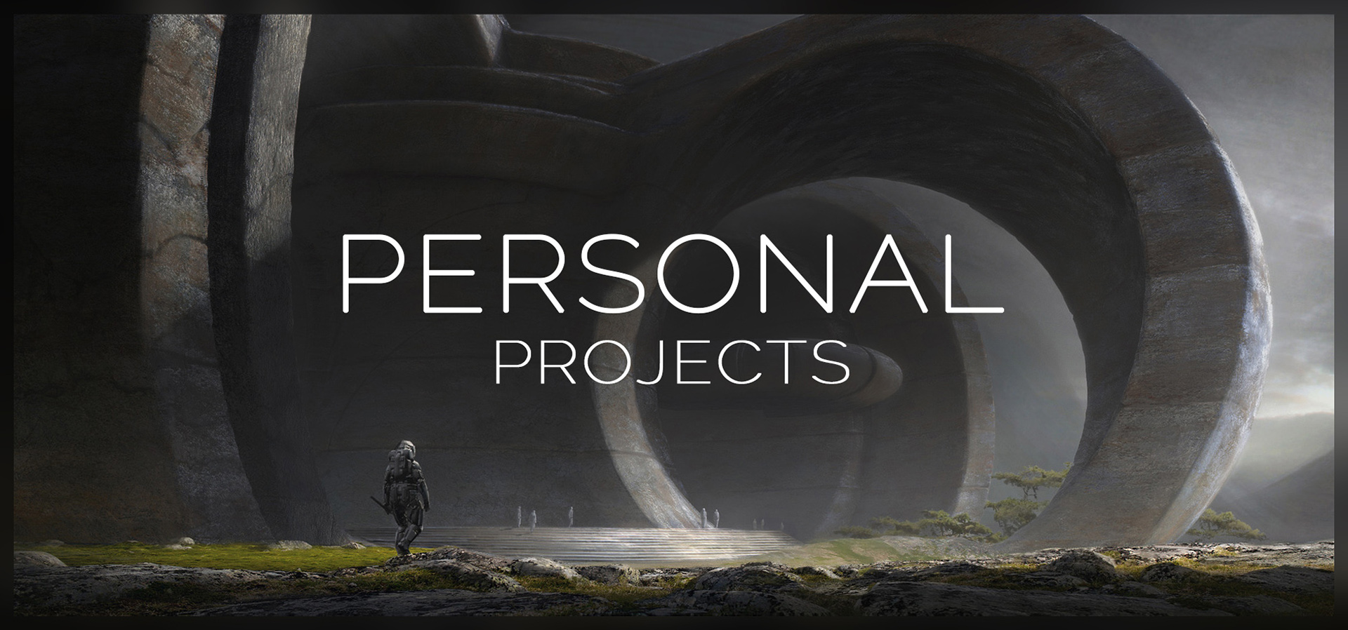 PERSONAL PROJECTS title over a vast carved stone structure with a suited figure approaching its steps