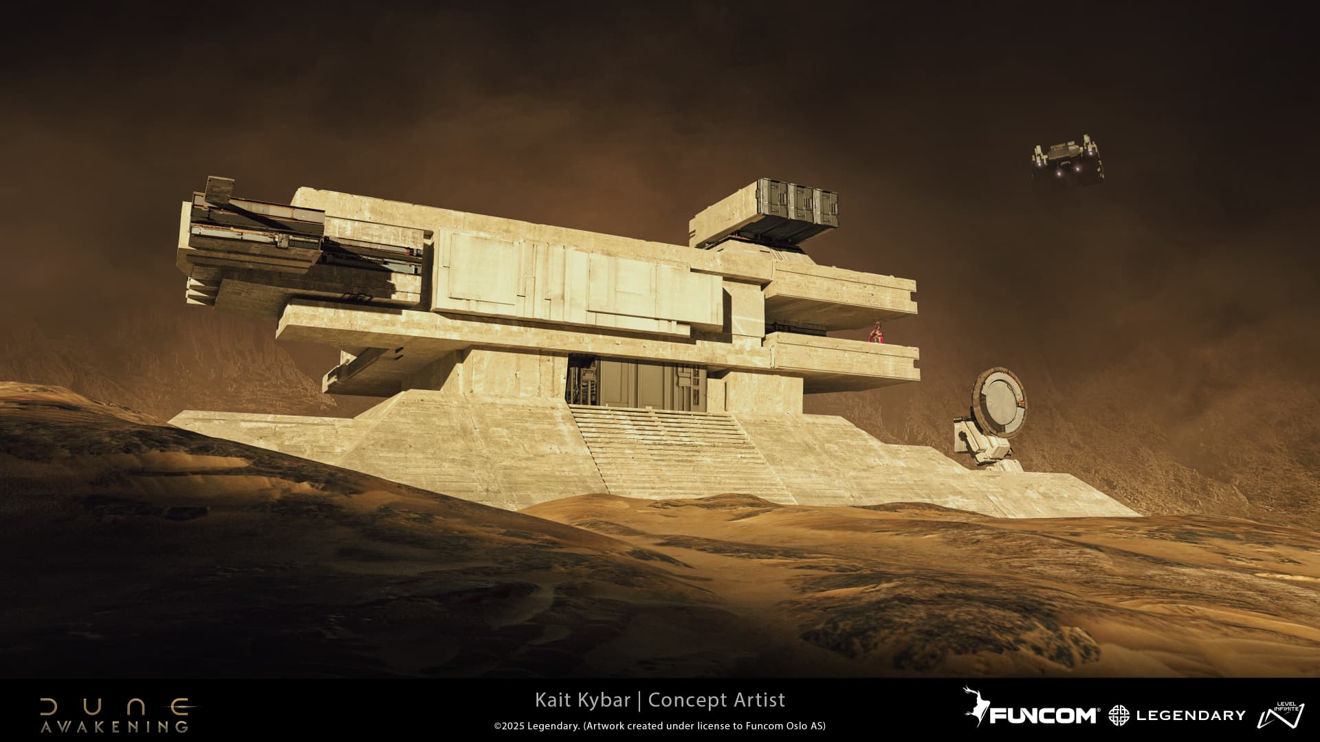 A red-clad figure on the terrace of a tiered bunker with an exterior stairway as a transport hovers overhead
