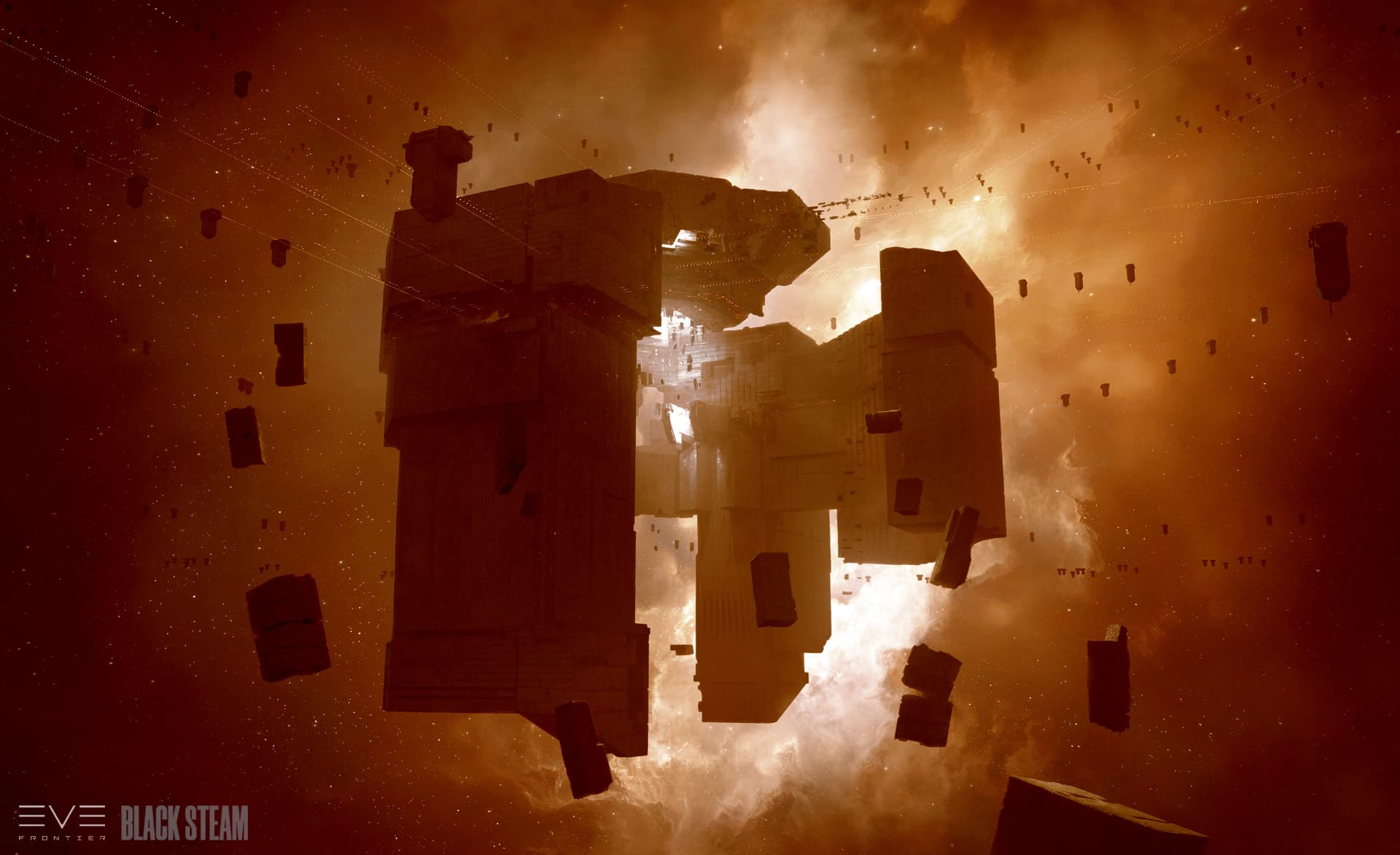 Block-like structures silhouetted against a bright orange nebula