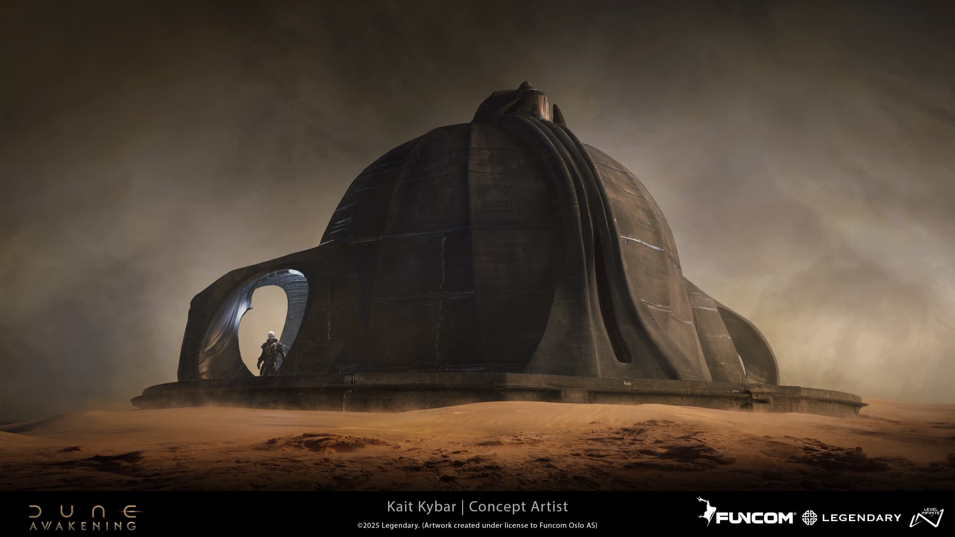 An armored figure silhouetted in the arched opening of a heavy dome structure on a barren desert plain