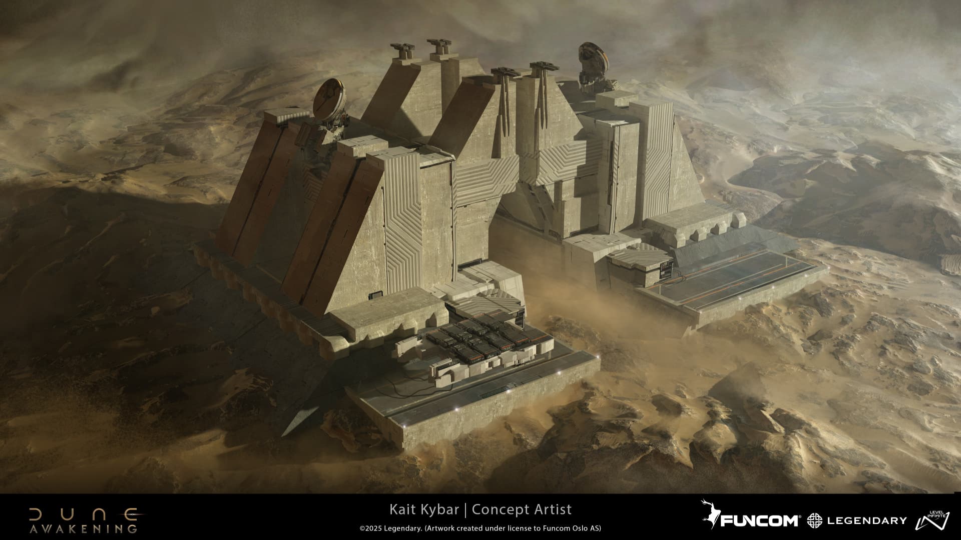An aerial view of a bifurcated fortress joined by an archway with two cantilevered landing platforms