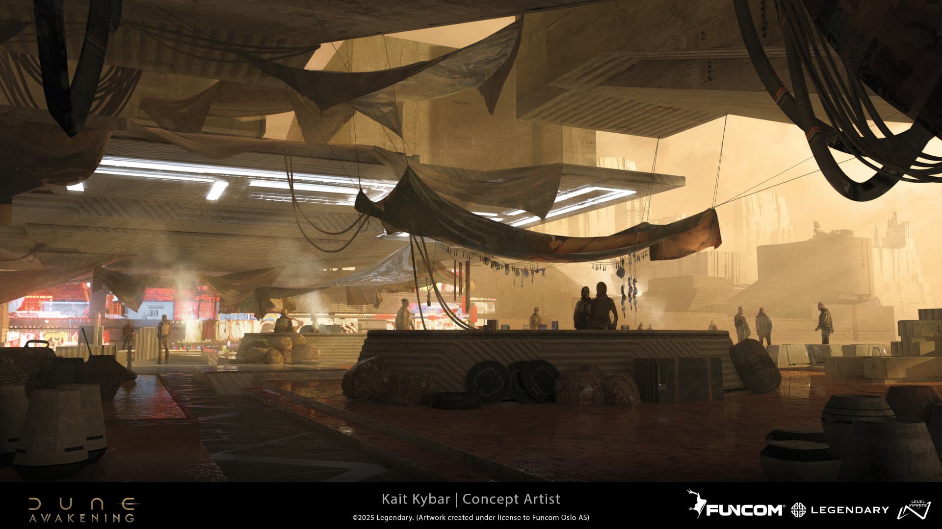A market square under hanging fabric canopies, lit by warm lamps at dusk