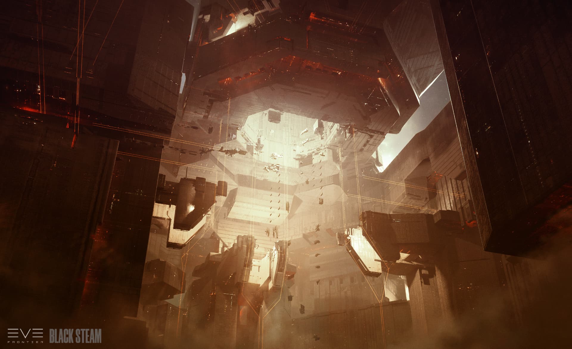 An illuminated passage between vast floating architectural structures
