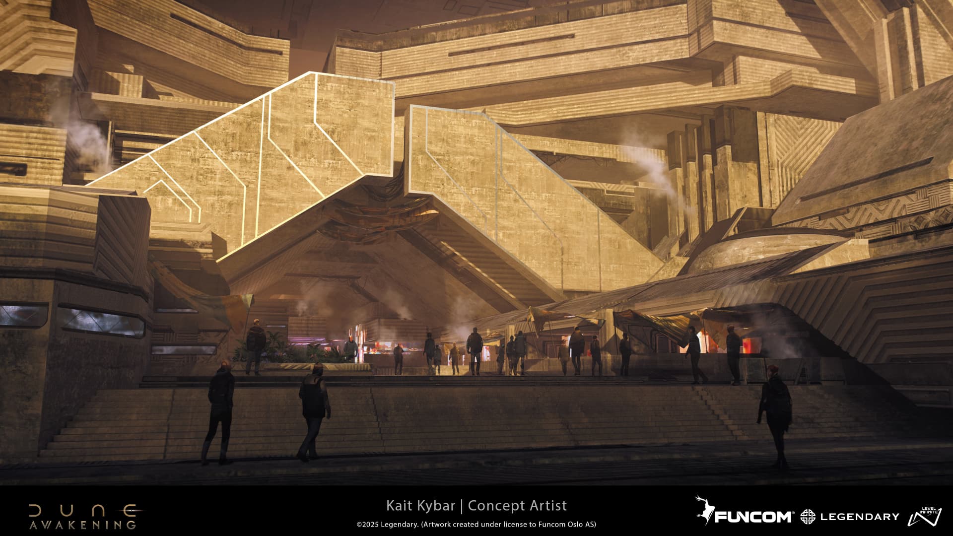 A stepped sandstone facade glowing gold above a busy evening square with market stalls