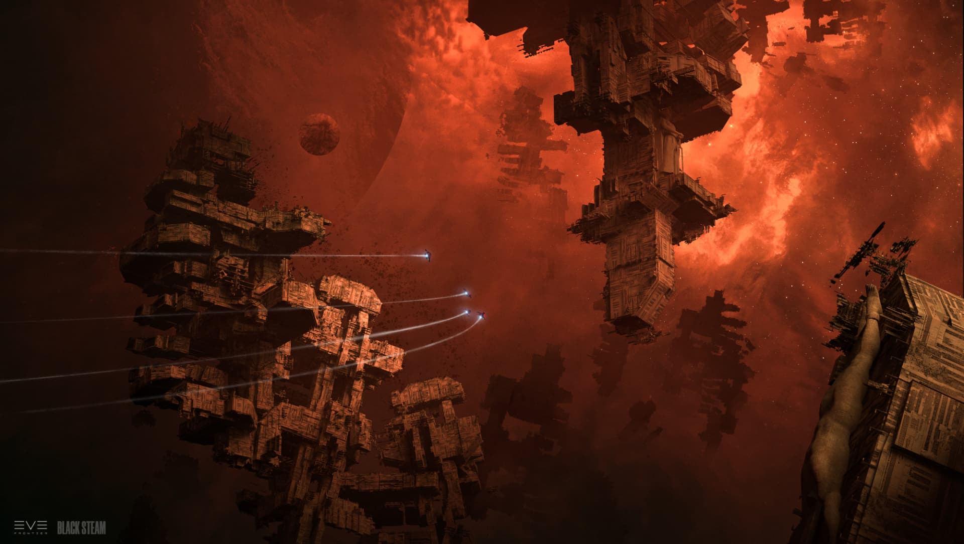 Small spacecraft weaving between towering structures in a fiery nebula