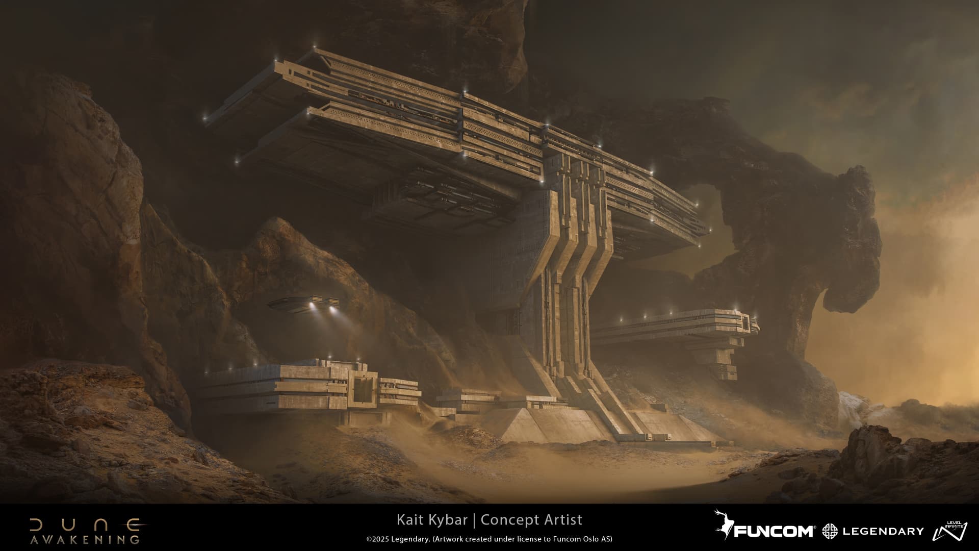 A monolithic facility built into a desert cliff canyon beneath an immense overhanging roof