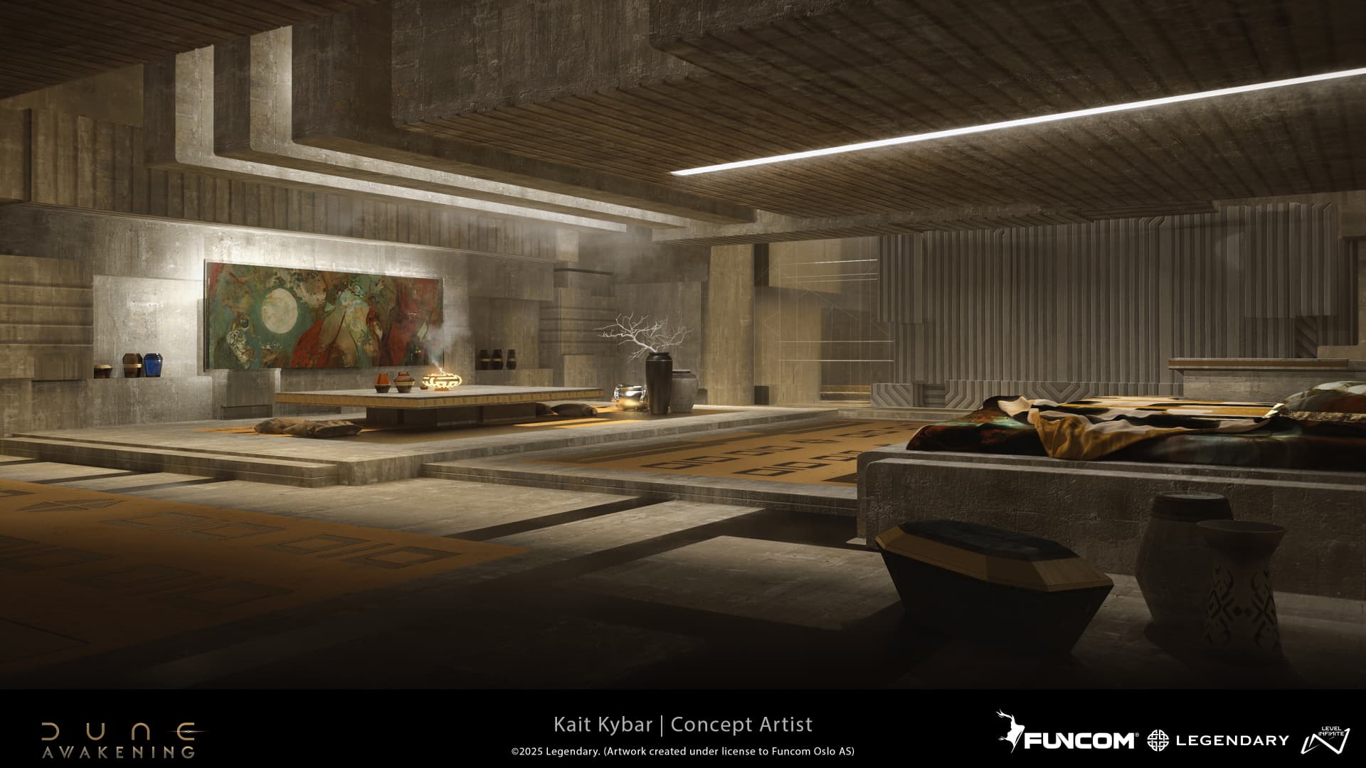 A dim stone lounge with a low table, incense, and a large painted wall hanging