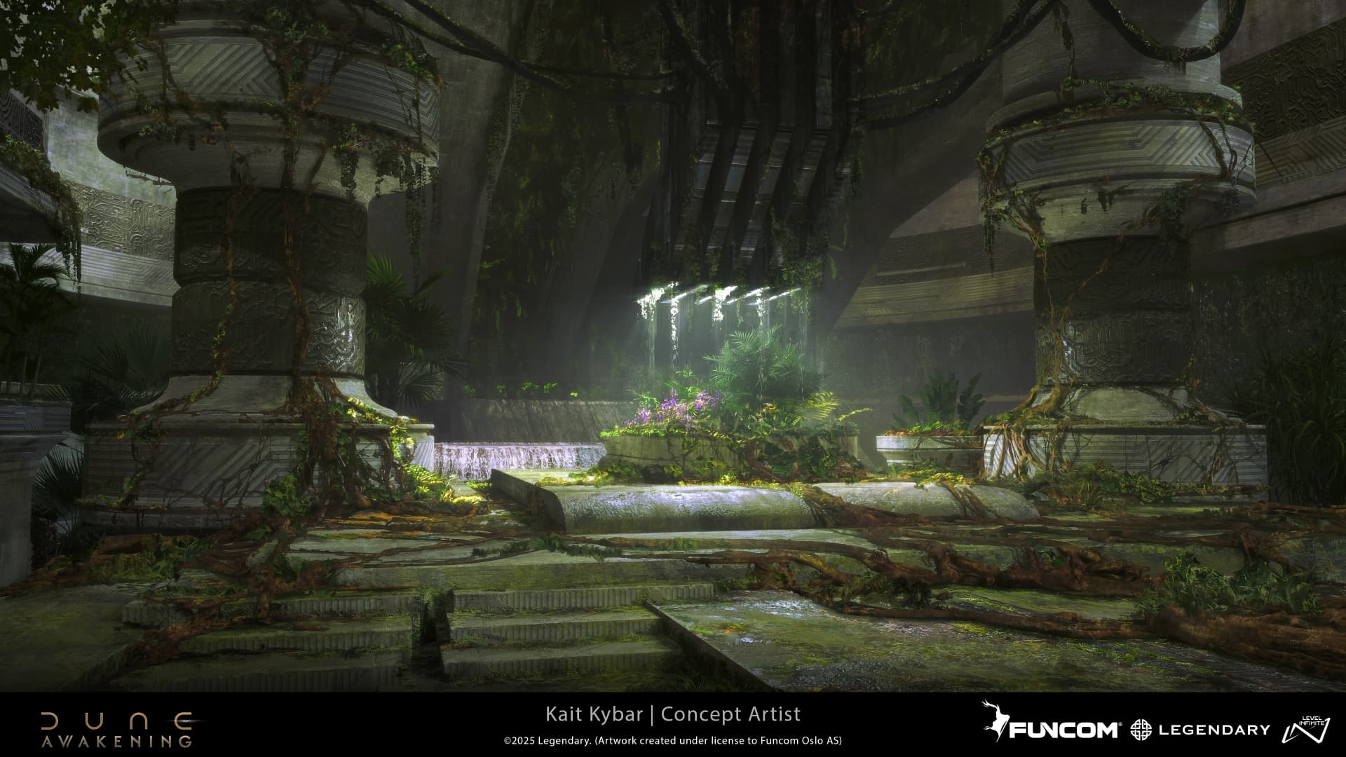 An overgrown atrium where carved stone columns wrapped in roots flank a terraced floor lit from above