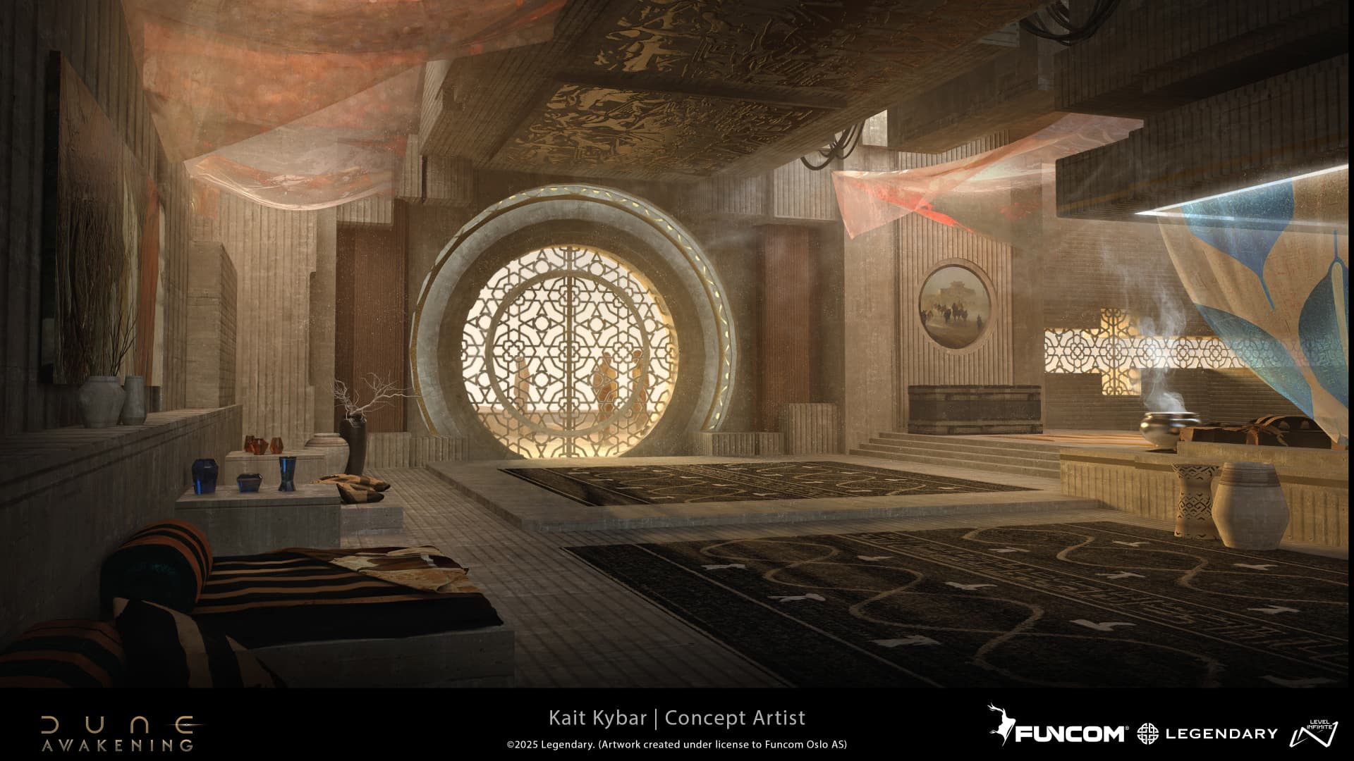 A tiled room centered on an ornate circular gate glowing warmly behind patterned screens