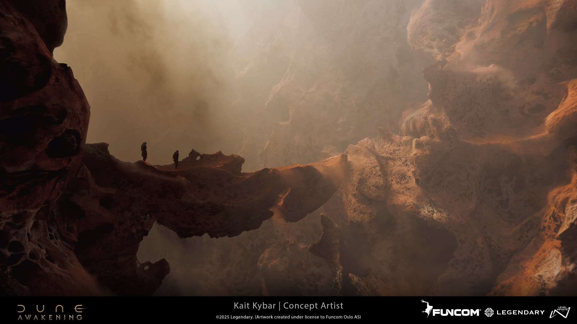 Two silhouetted figures crossing a natural rock bridge over a misty canyon abyss