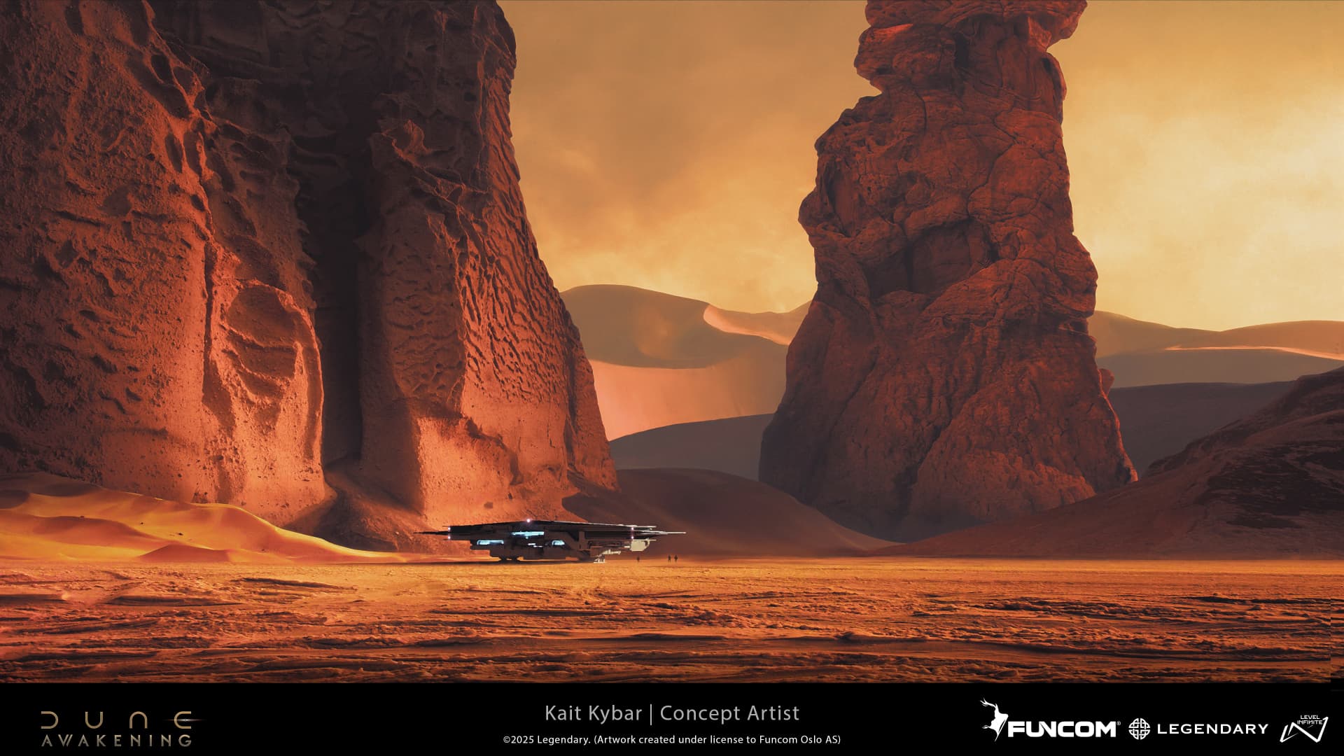 A sleek transport vessel resting in a desert valley between colossal sandstone cliffs, with tiny crew figures nearby