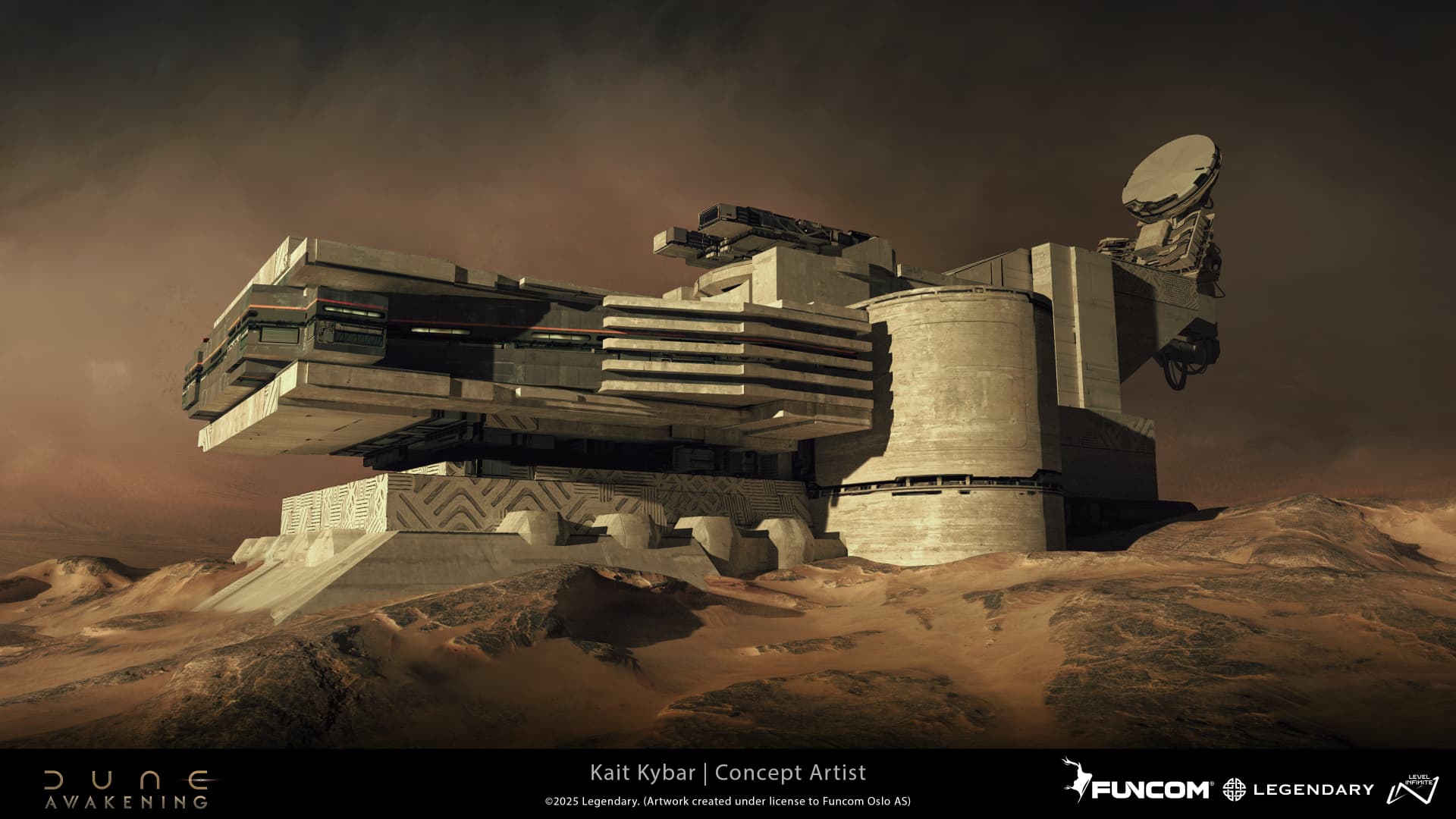 An outpost of cantilevered slabs, a cylindrical silo, and a rear satellite dish casting deep shadows in harsh sunlight