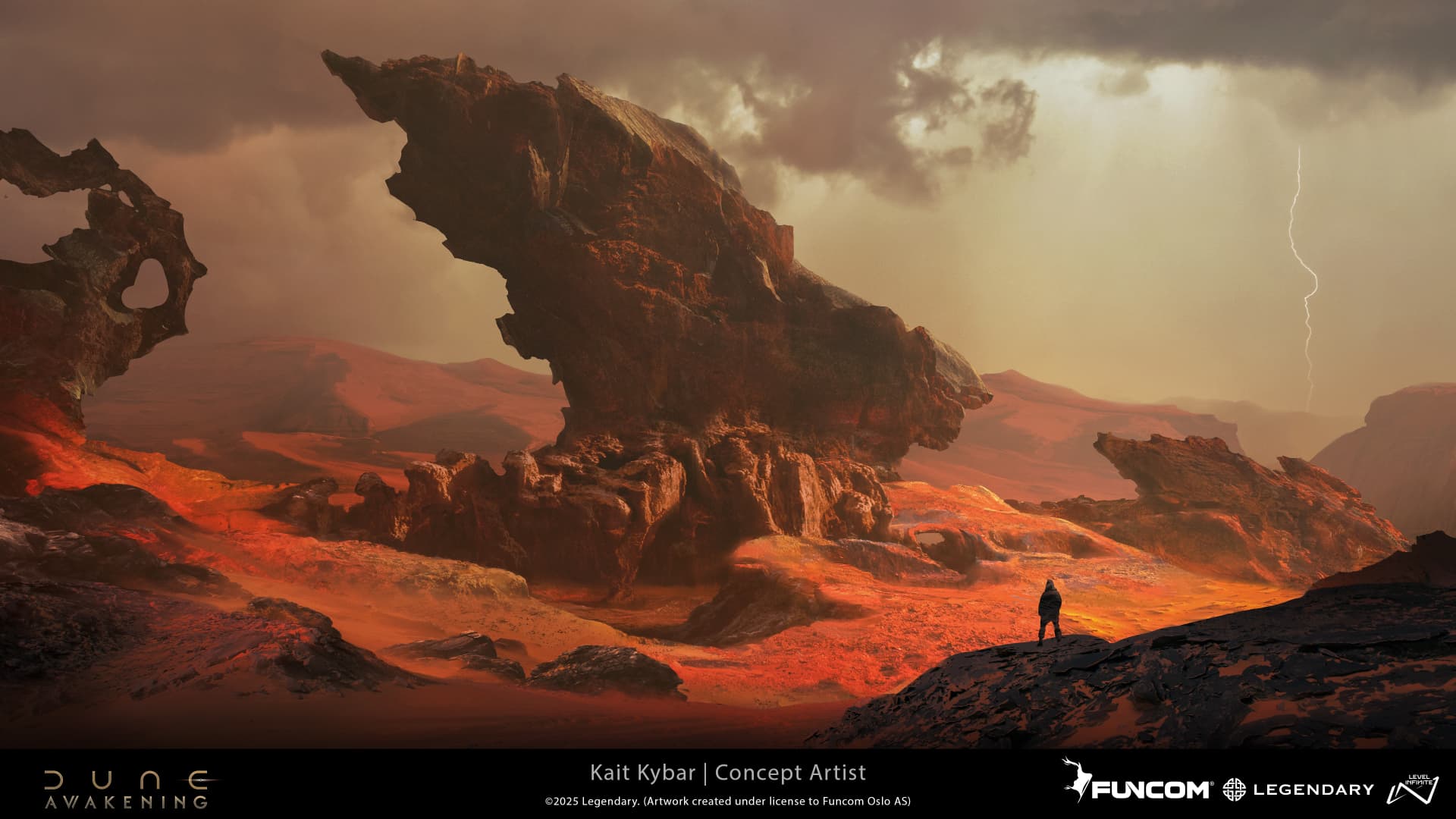 A silhouetted figure watching a massive leaning rock formation beneath a storm sky lit by distant lightning