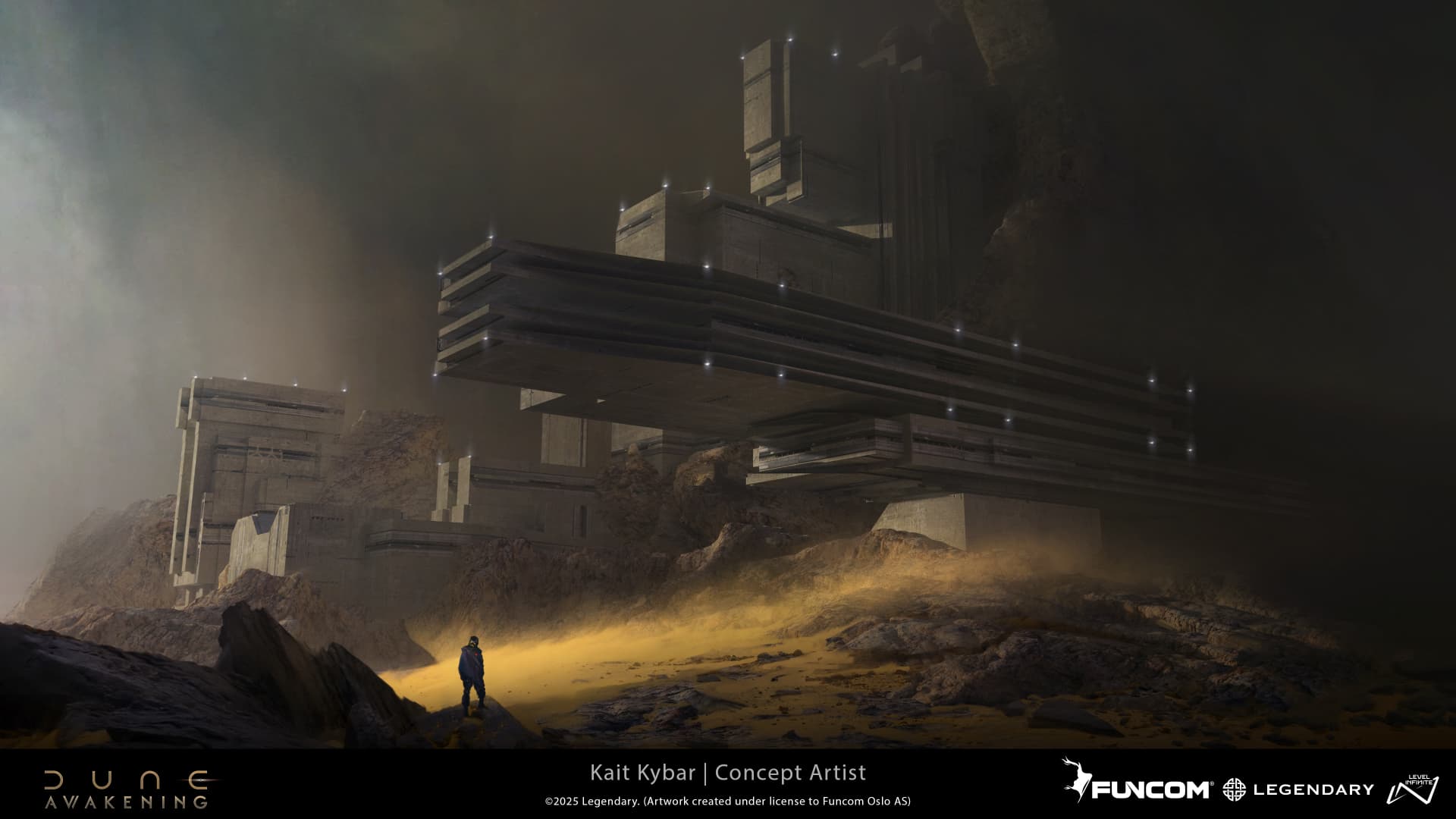 Layered concrete platforms cut into a wind-swept hillside, with a lone suited figure in a pool of golden light