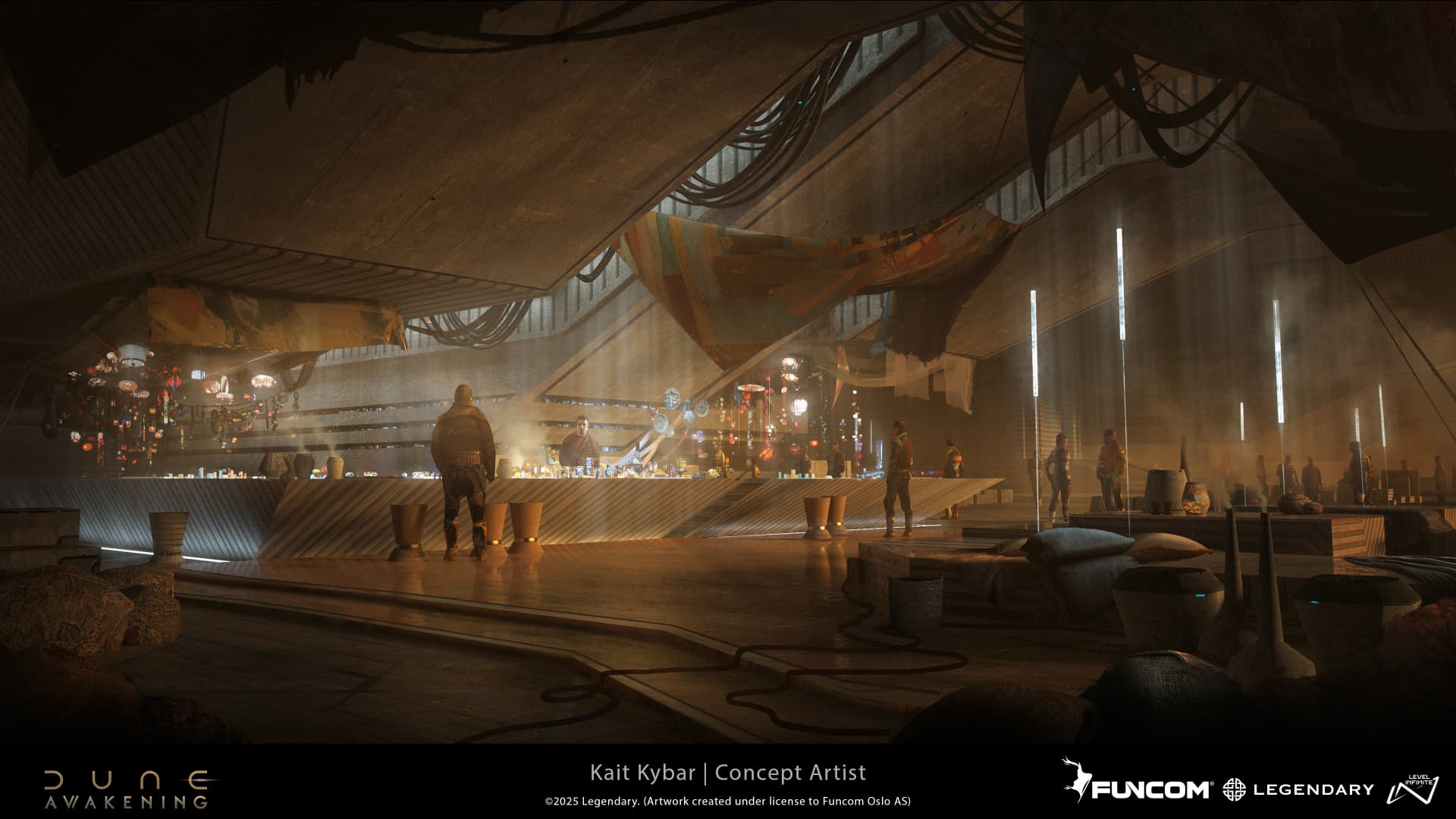 A trader browsing a busy market bar lined with glowing trinkets beneath draped fabric