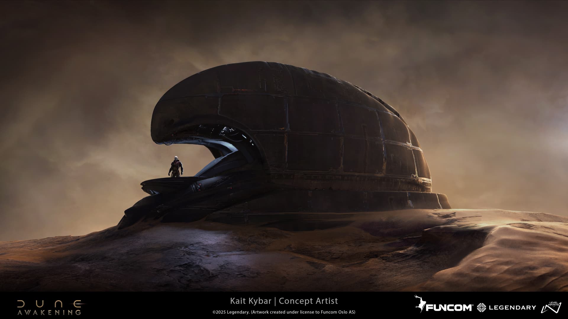 A suited figure standing on the platform of a massive dark dome shelter amid dusty dunes