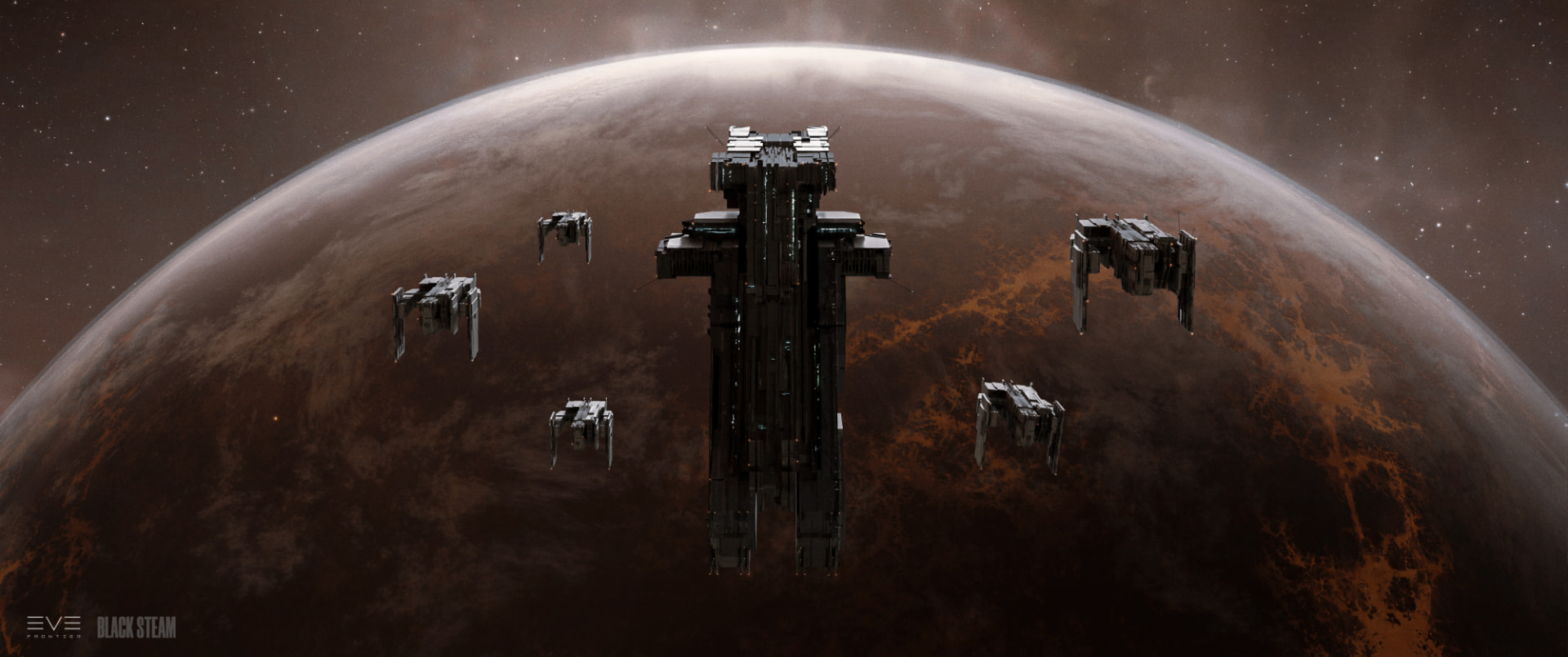 A formation of industrial spacecraft orbiting above a dusty planet