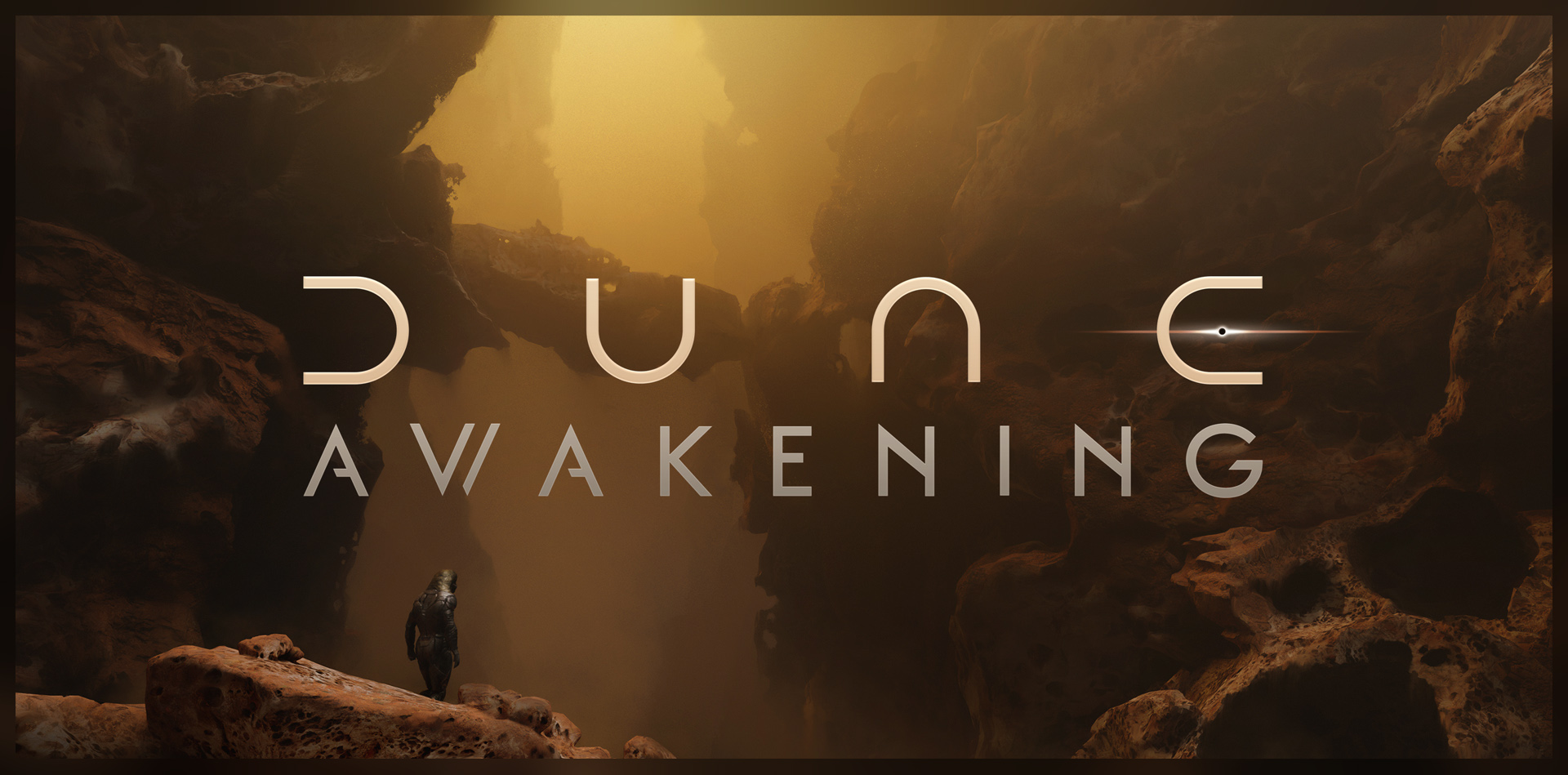 DUNE AWAKENING title over a golden canyon with a lone figure standing on a rocky ridge