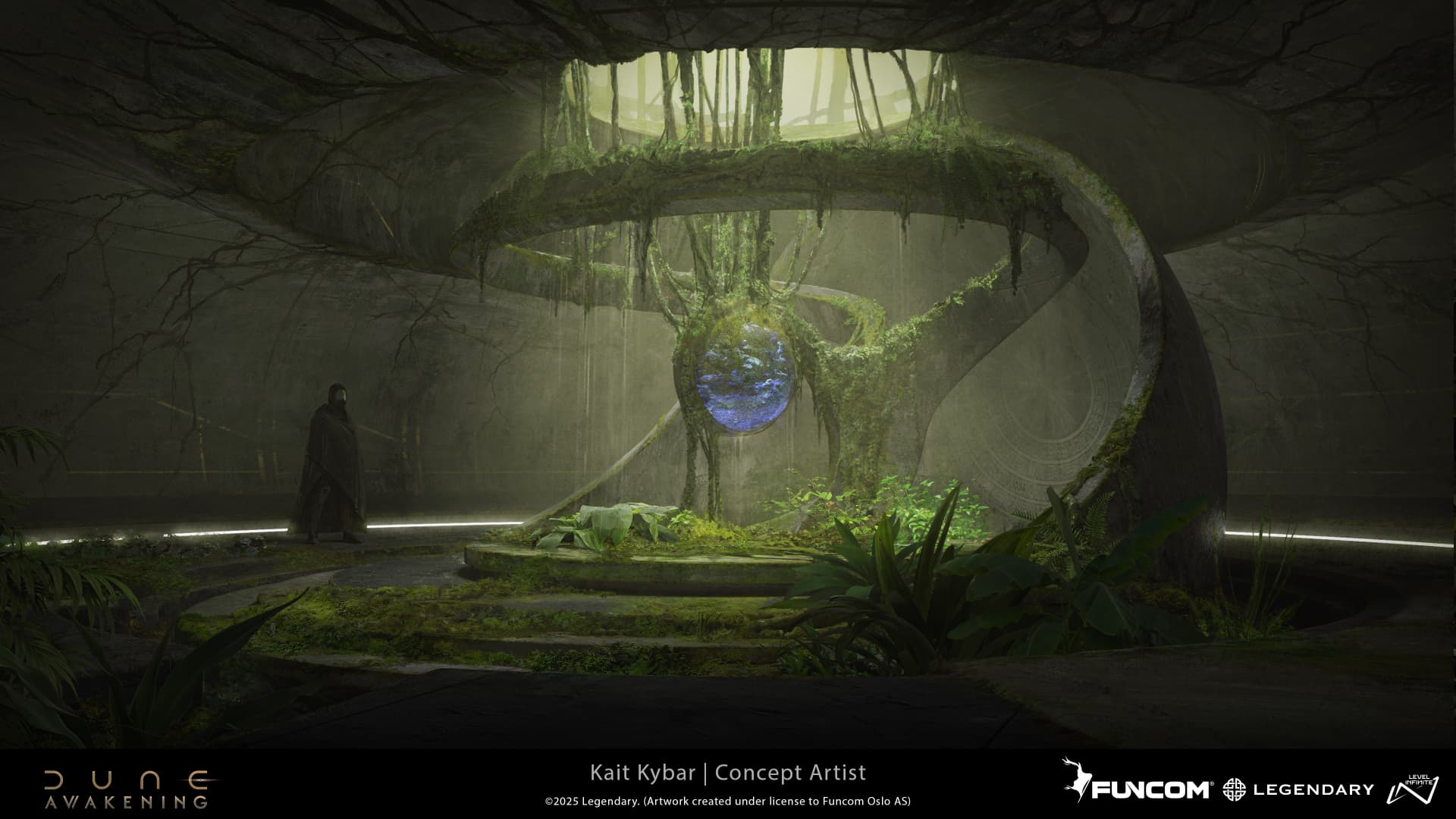 A robed figure in a vine-covered circular ruin observing a glowing blue orb suspended between curving ramps