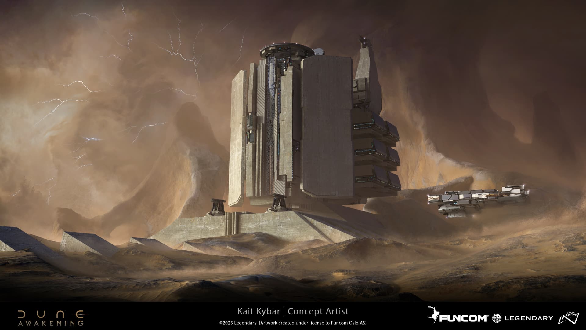 A brutalist concrete outpost beneath an electrical dust storm as a hover transport approaches
