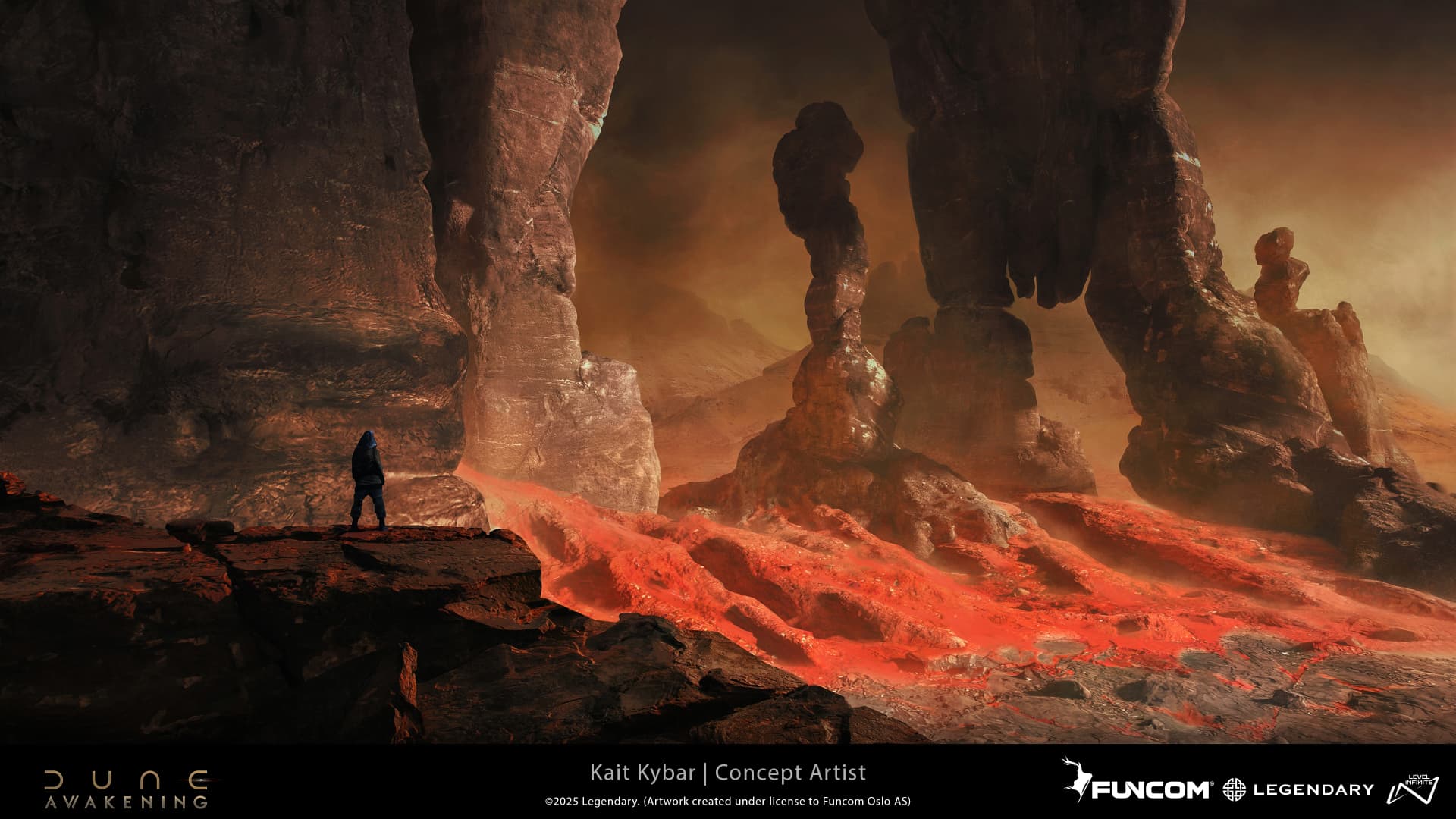 A hooded figure on a dark outcrop above stone pillars carved by glowing crimson flows under a storm-dark sky