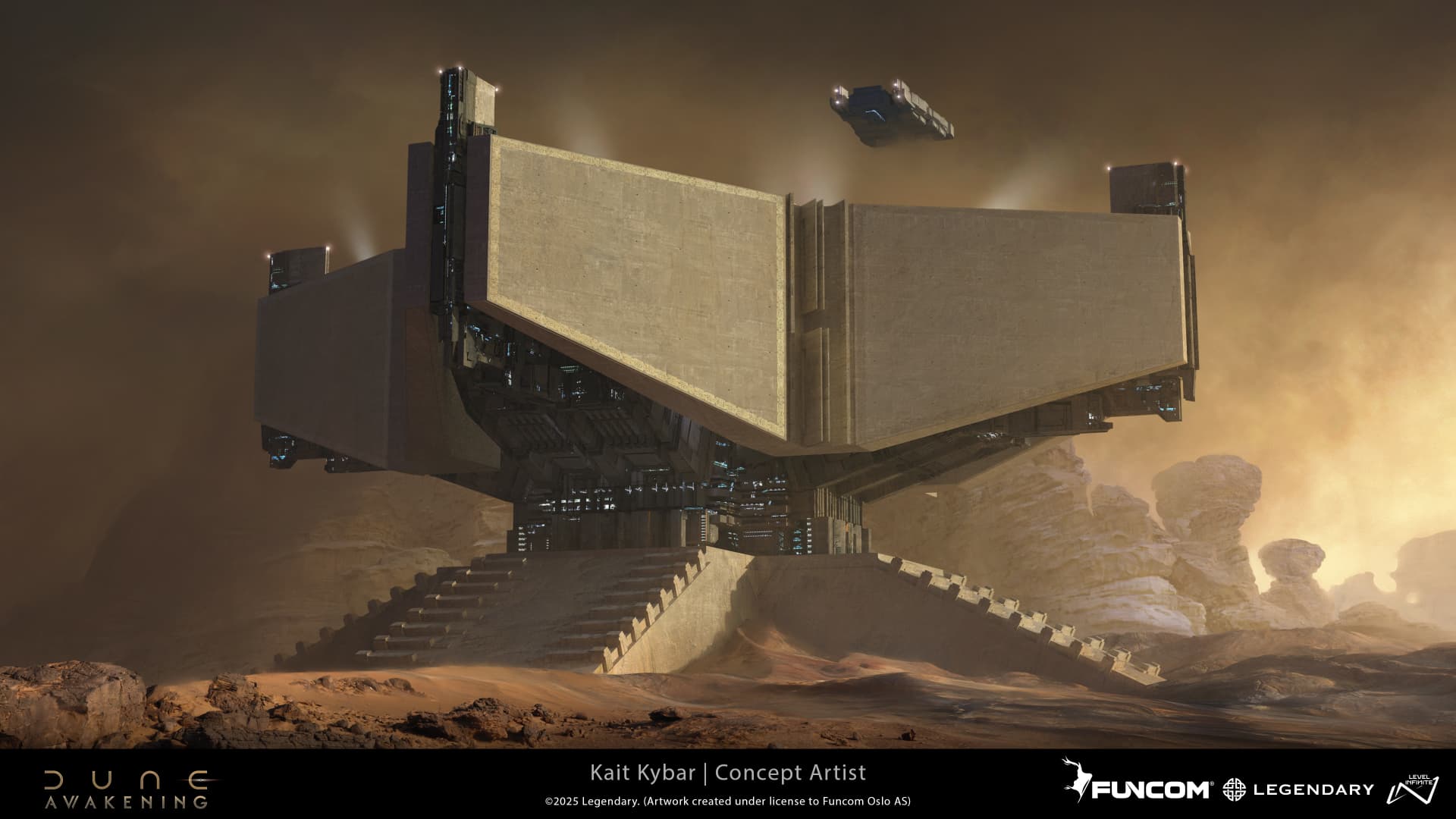 A massive cantilevered fortress with stepped ramps beneath a hovering transport ship