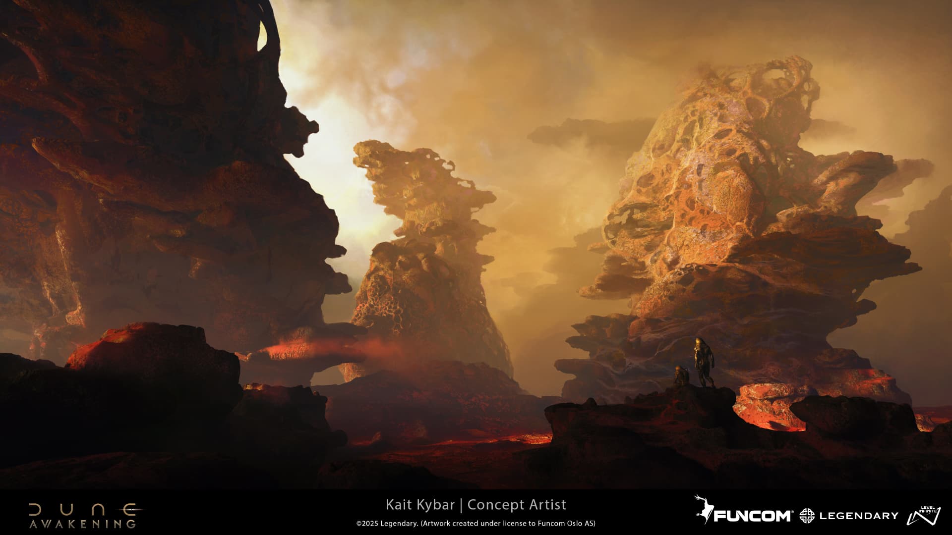 Two figures resting on a rocky outcrop before honeycombed rock towers under a glowing amber sky