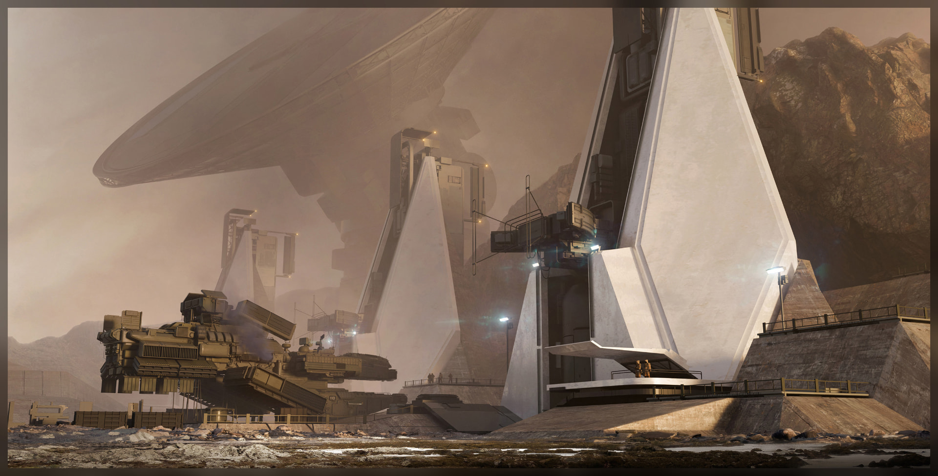 A pale vertical launch tower with a hovering transport ship above rocky terrain