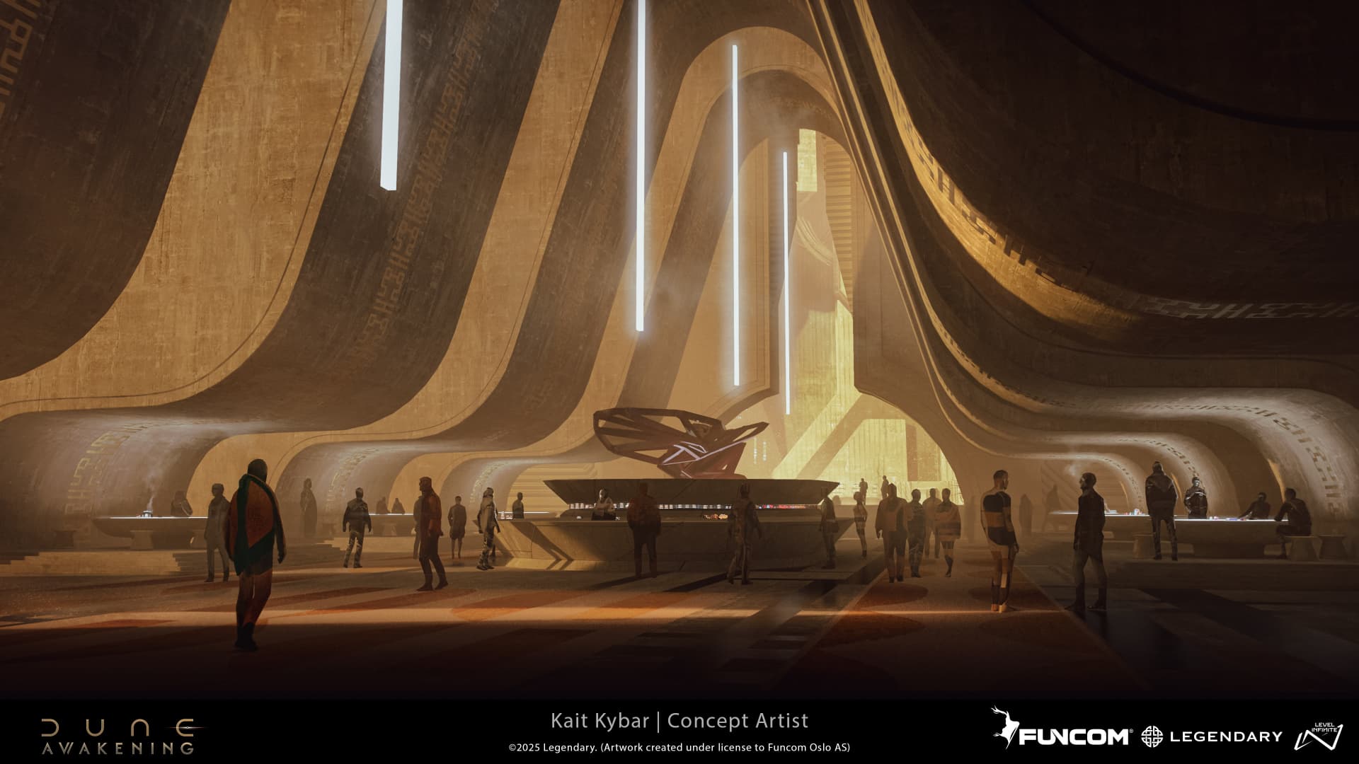 A vast cavern hall with curved walls and visitors around a central red structure