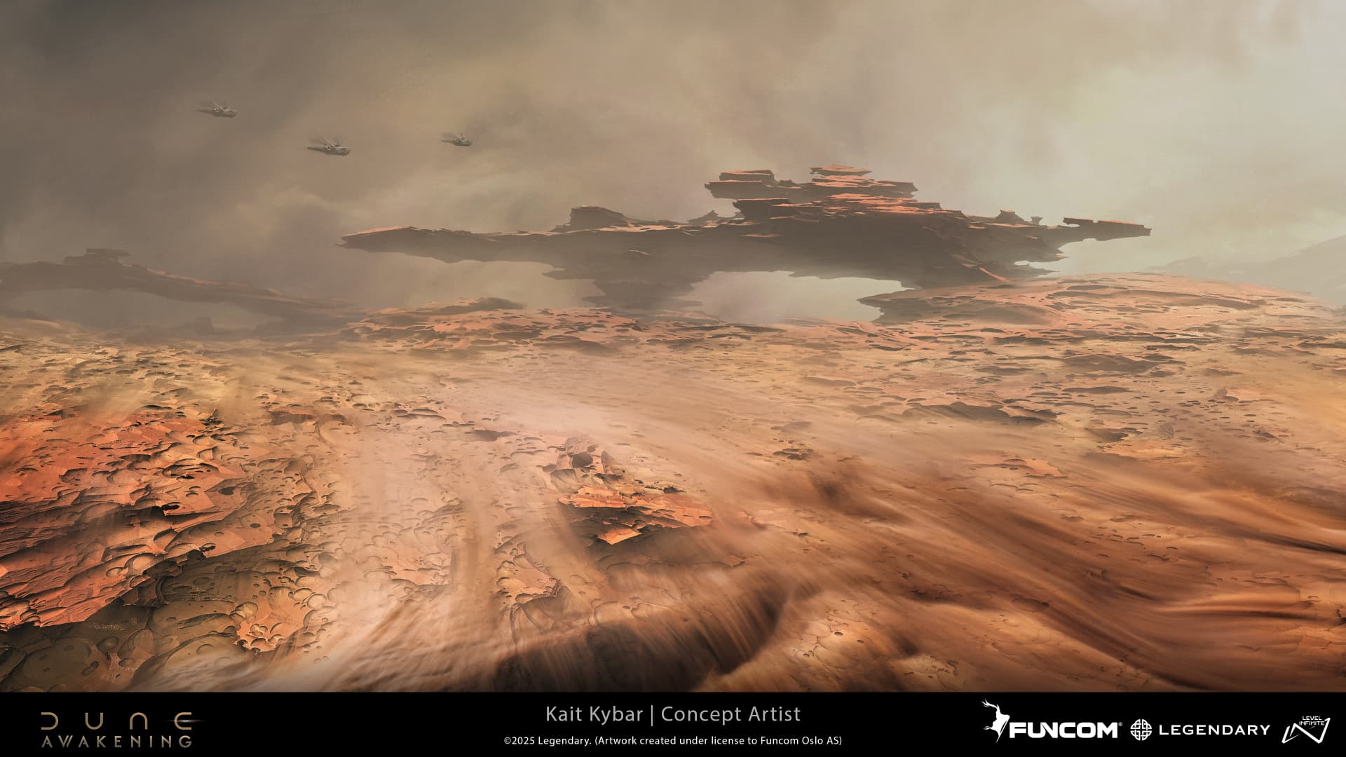 Three ornithopters soaring above a cratered desert plain and a massive layered rock mesa
