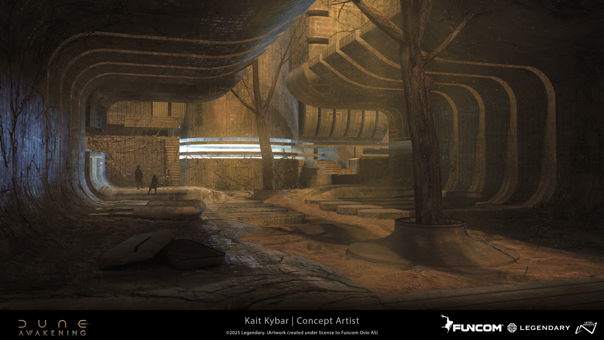 Two figures in a subterranean courtyard of curving concrete overhangs beside a structure glowing amber and cyan