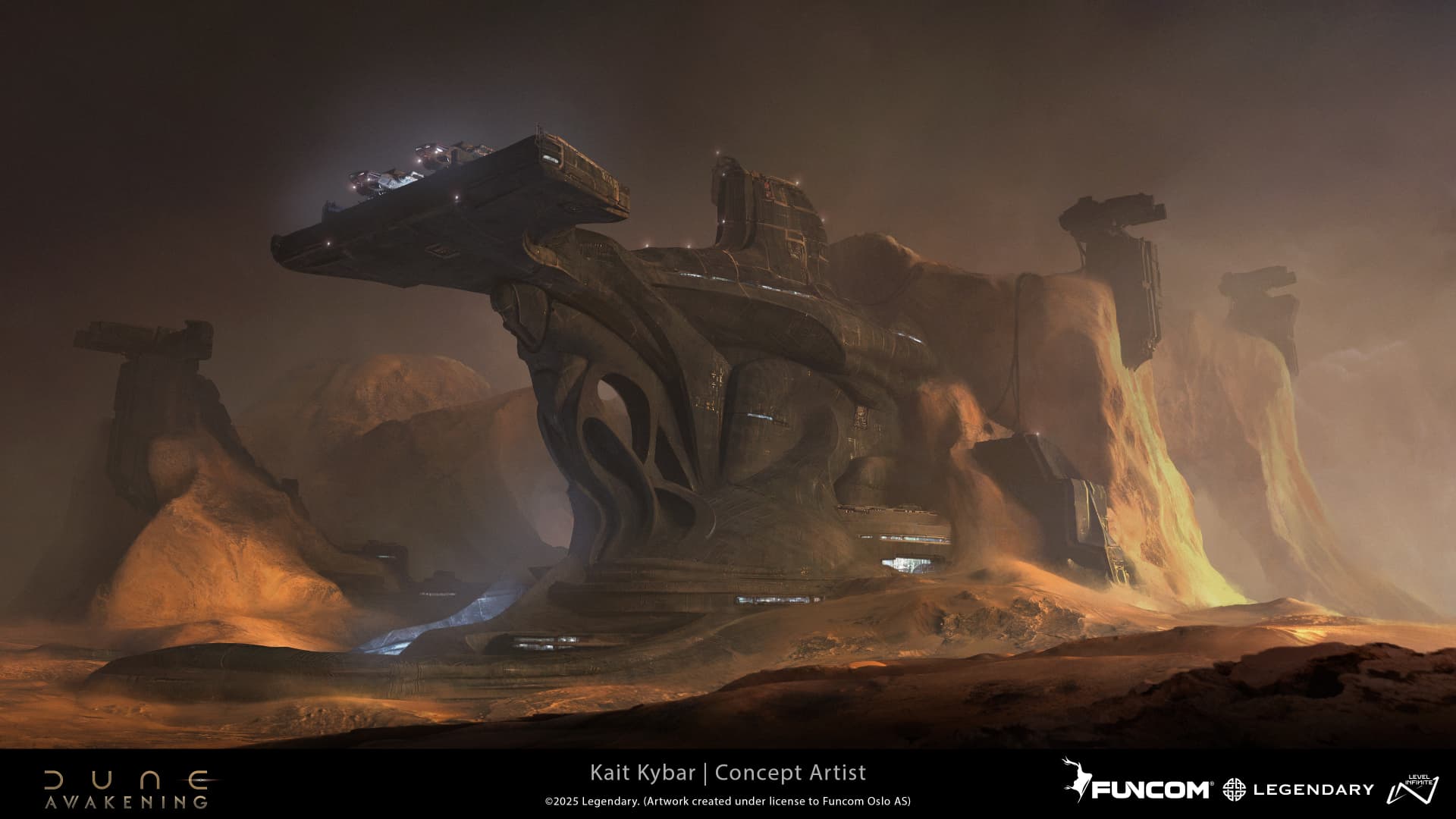 A gargantuan fortress with an elevated landing deck and cliffside watchtowers partly enveloped by dunes