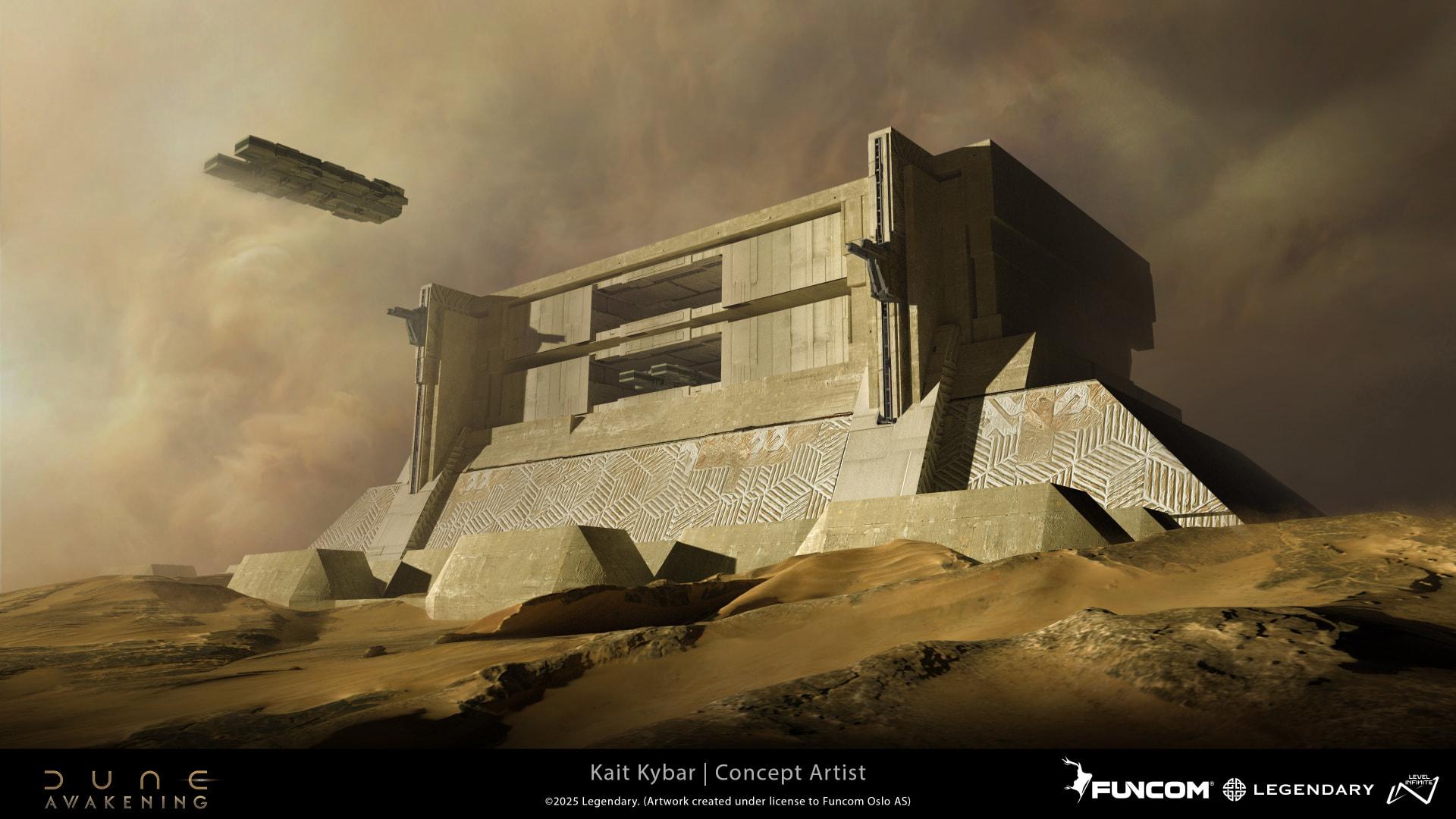 A massive brutalist fortress with a hovering cargo vessel above sweeping sand dunes