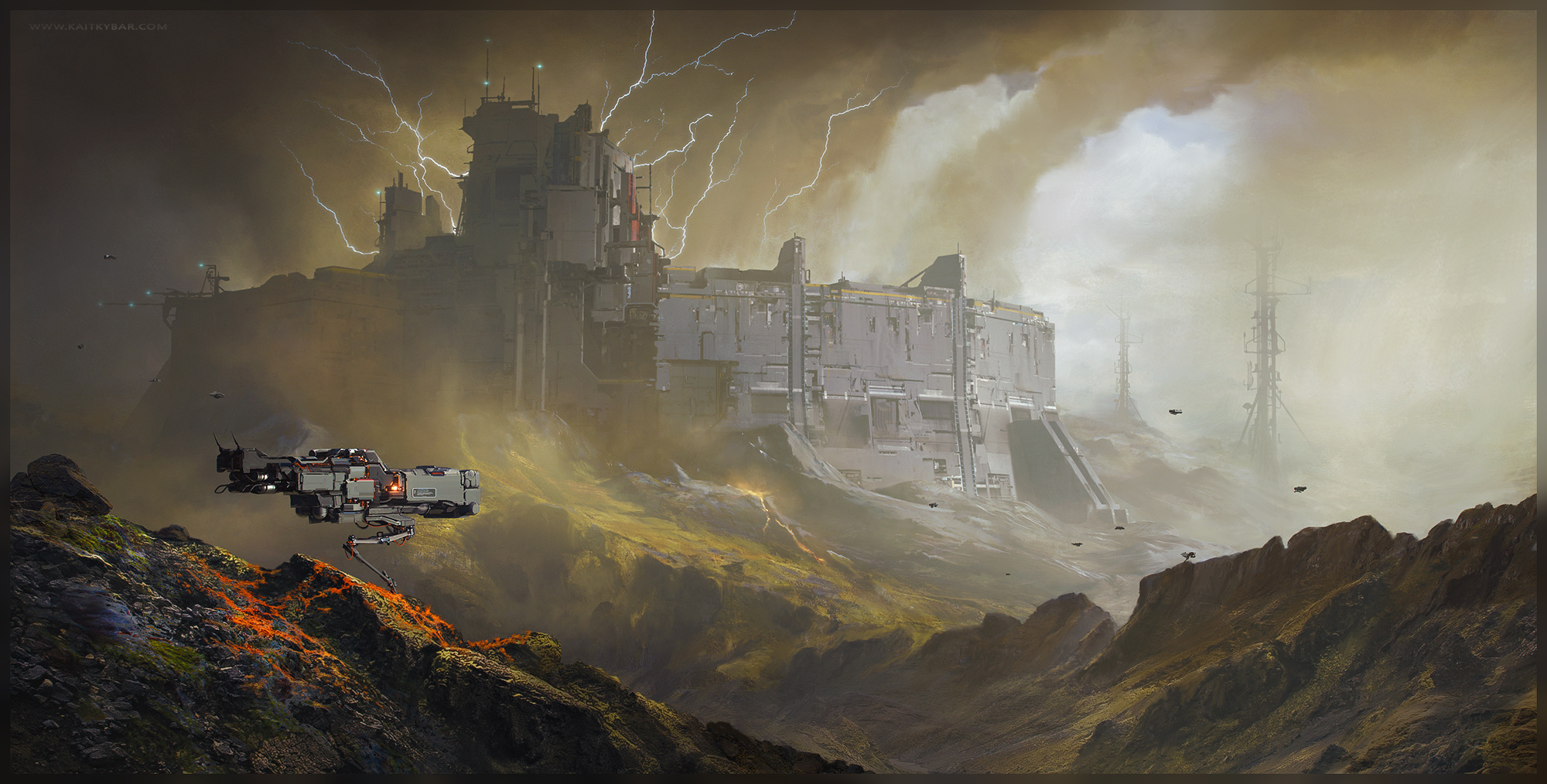 A small mechanical drone on a rocky outcrop overlooking a vast fortified mountain complex under a stormy sky with lightning and glowing orange fissures