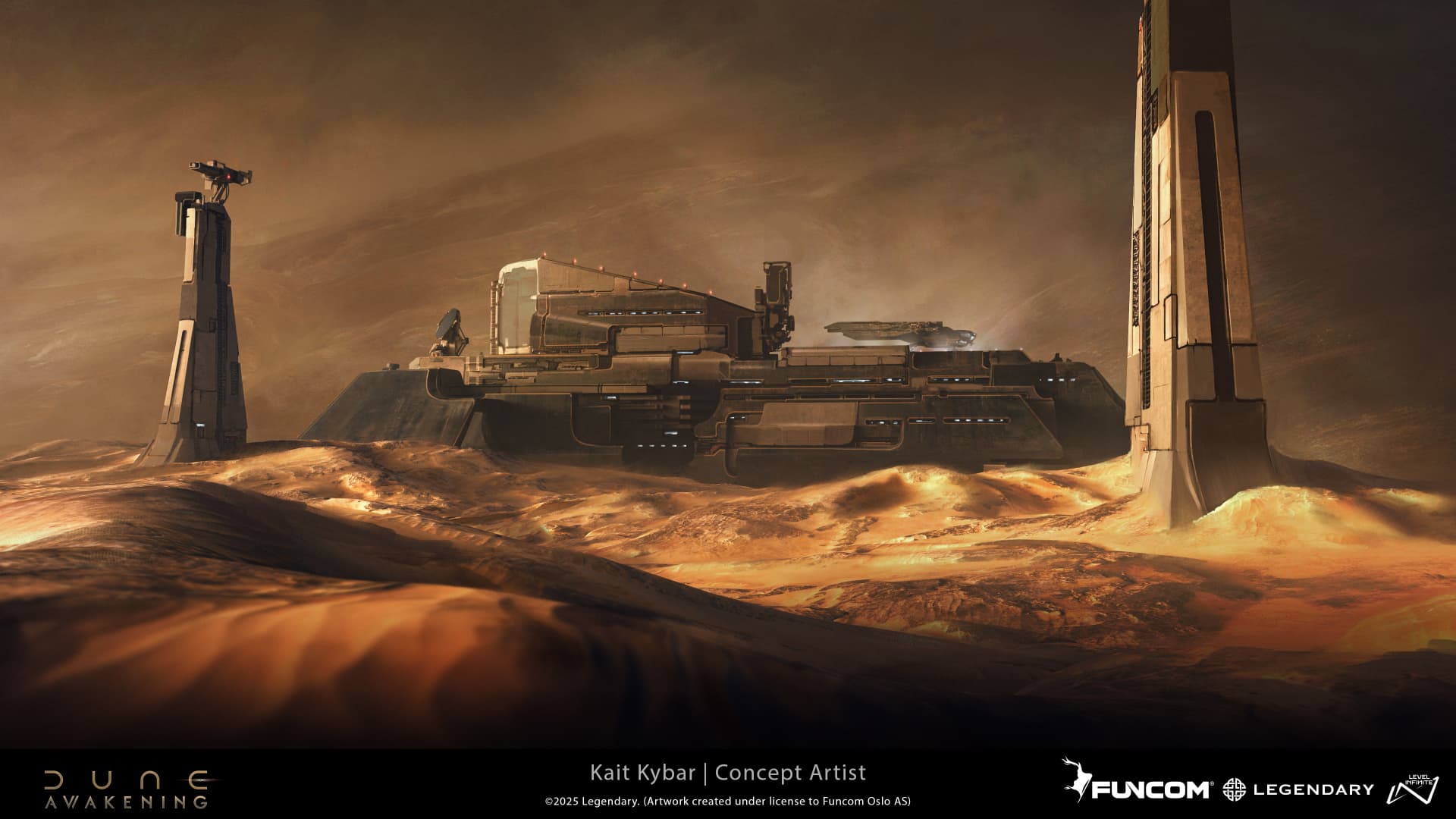 A fortified industrial outpost with tall sensor towers and a landed craft spanning sun-drenched rolling dunes
