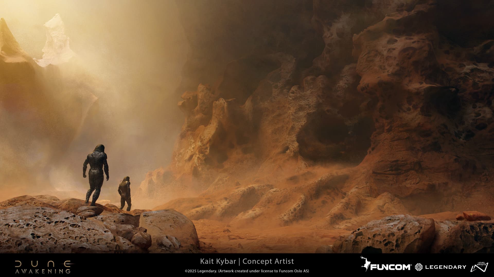 Two explorers descending from a rock outcrop into a vast canyon basin of wind-eroded stone
