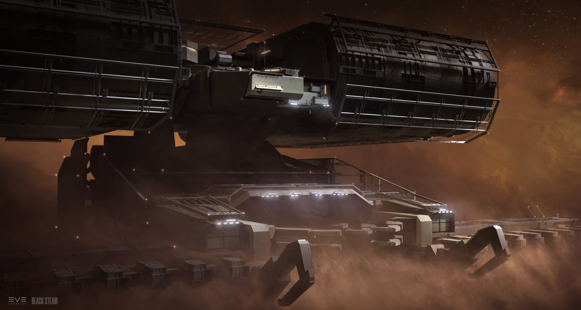 A detailed destroyer spacecraft above a dusty industrial environment