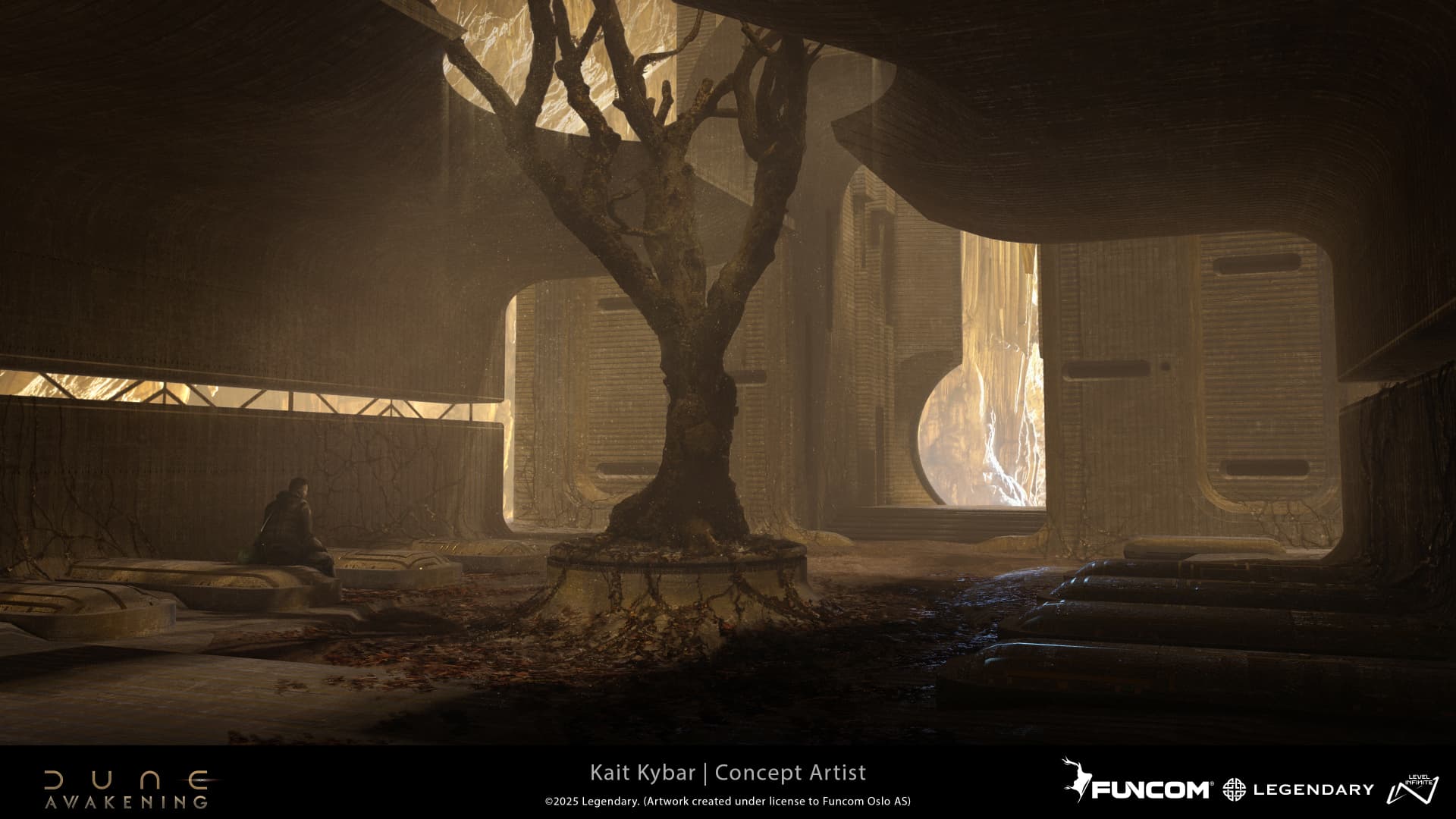 A brutalist hall centered on a leafless tree in a circular planter, with a figure seated in amber light