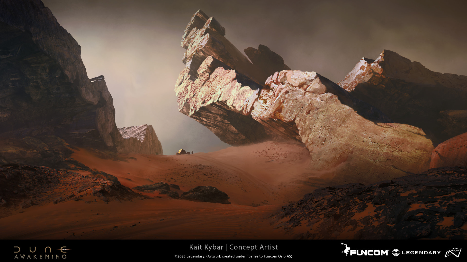 Two tiny figures beside a distant camp beneath a colossal angled rock spire in a terracotta canyon