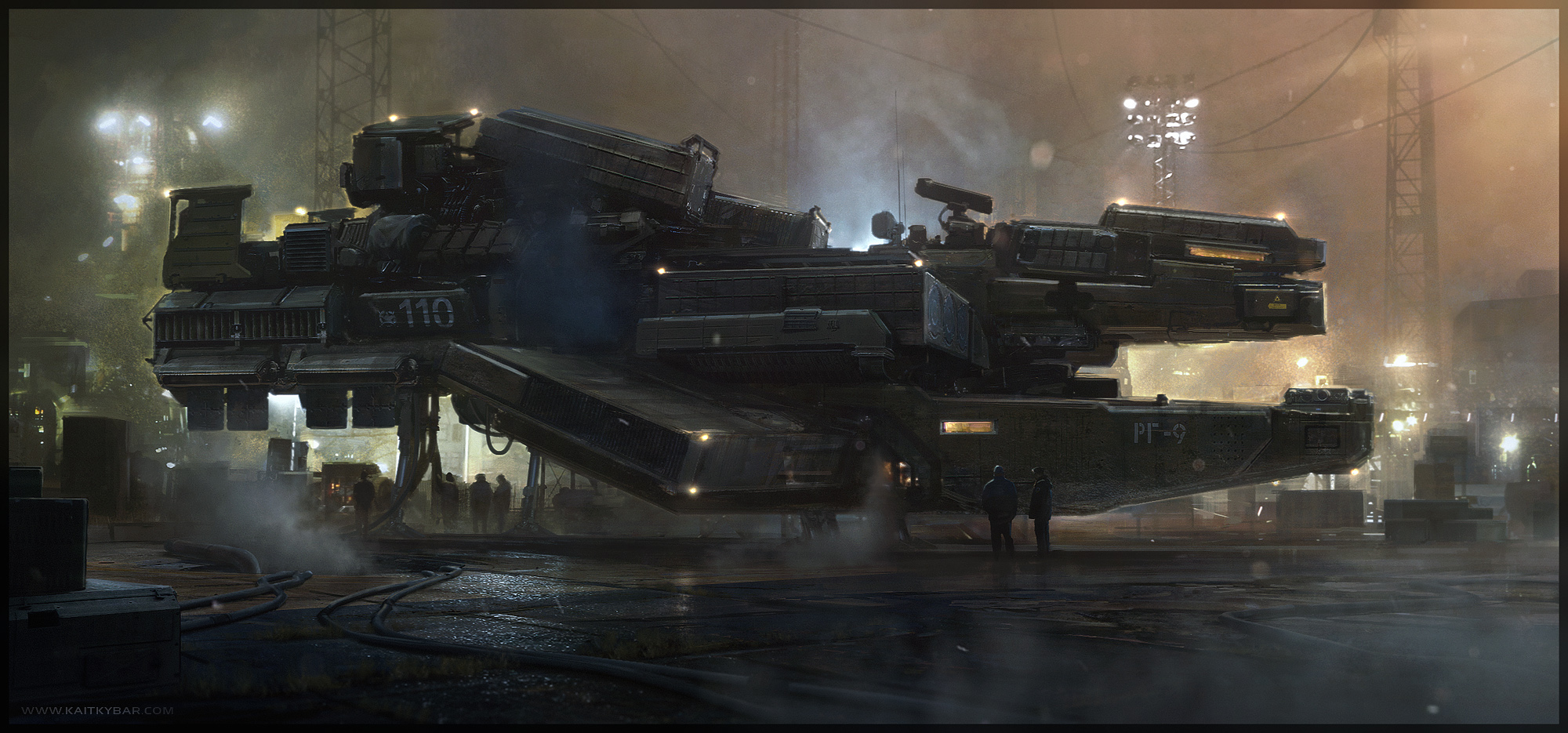 A heavy hovering vehicle numbered 110 resting in a wet floodlit construction yard at night