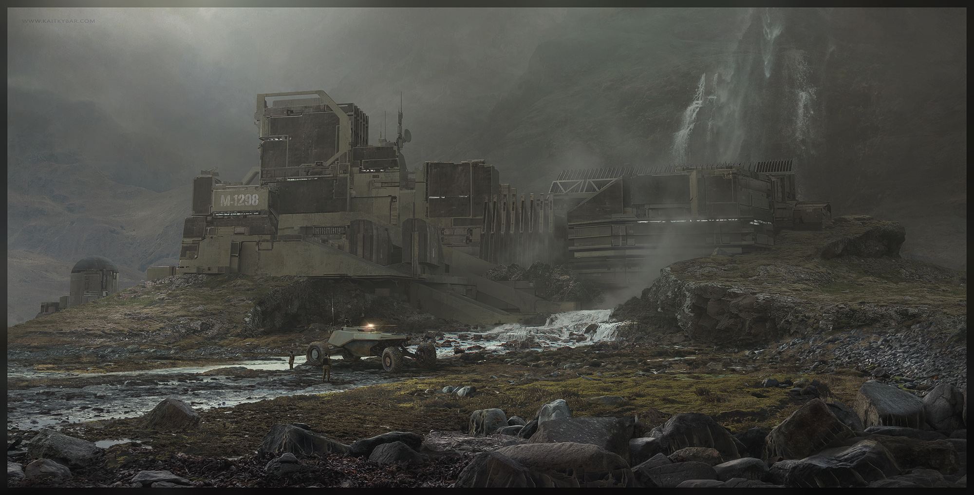 Two figures and a wheeled rover by a rocky stream in front of a sprawling brutalist facility labeled M-1298 set against a waterfall and misty mountains