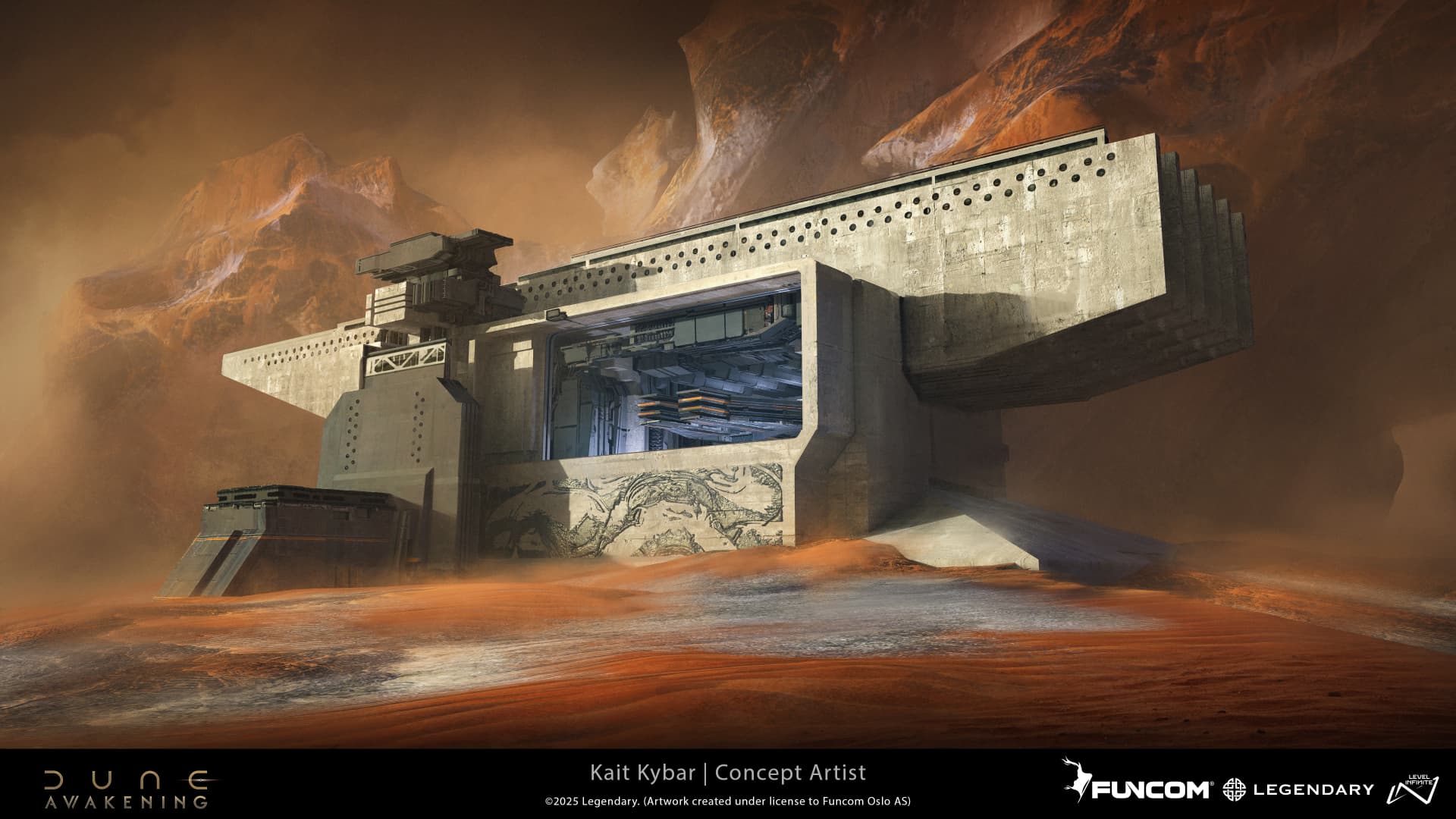 Cantilevered concrete structures and an open hangar bay set against terracotta desert mountains