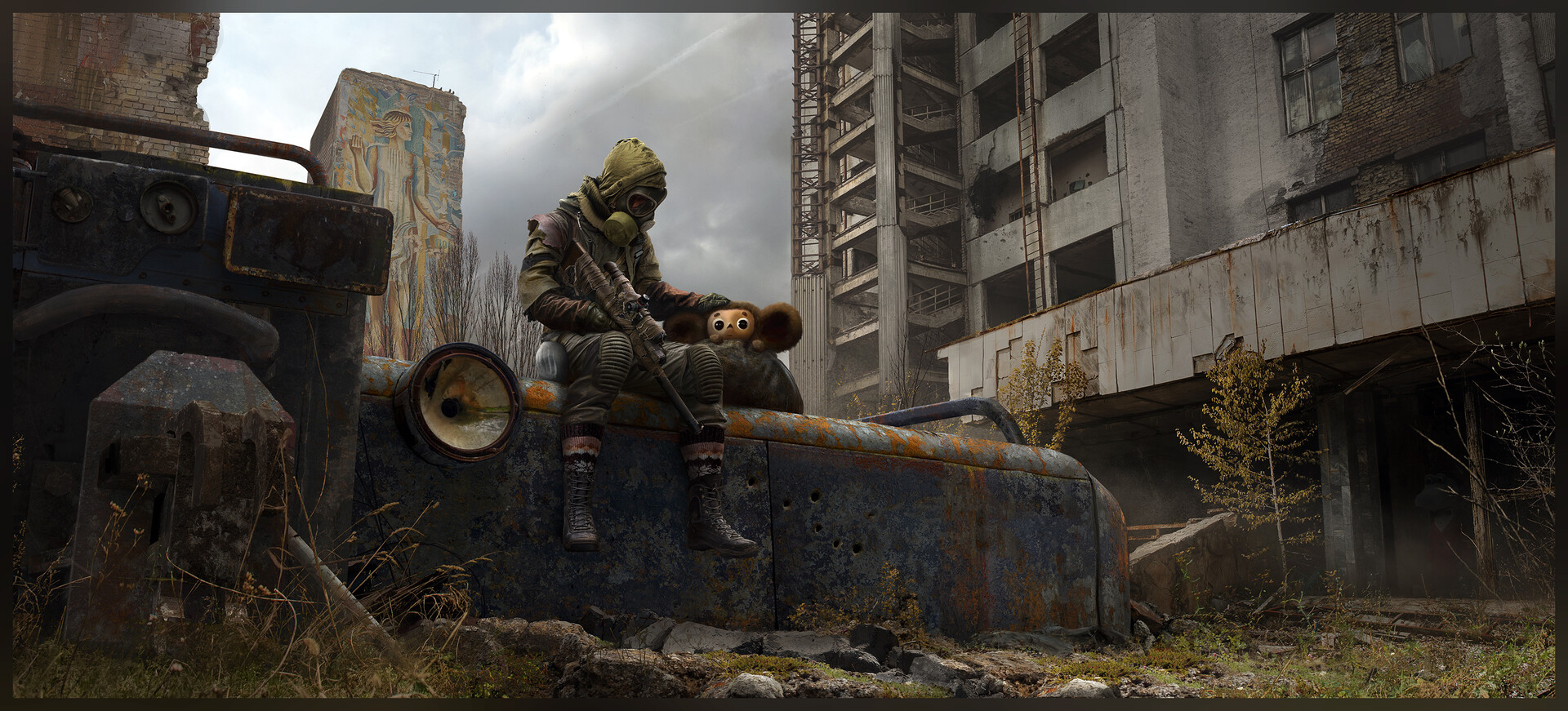 A person in a hooded gas mask holding a rifle sits beside a small furry large-eared creature on a rusted vehicle amid ruined urban buildings