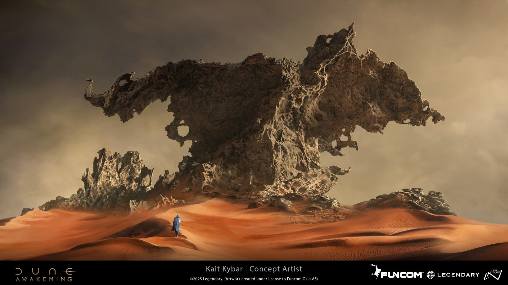 A cloaked figure crossing terracotta dunes toward a colossal porous rock formation under a hazy sky