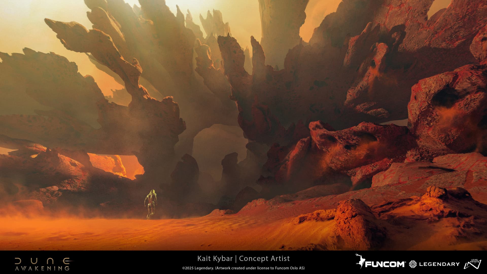 A solitary traveler crossing a windblown basin toward towering coral-like rock formations