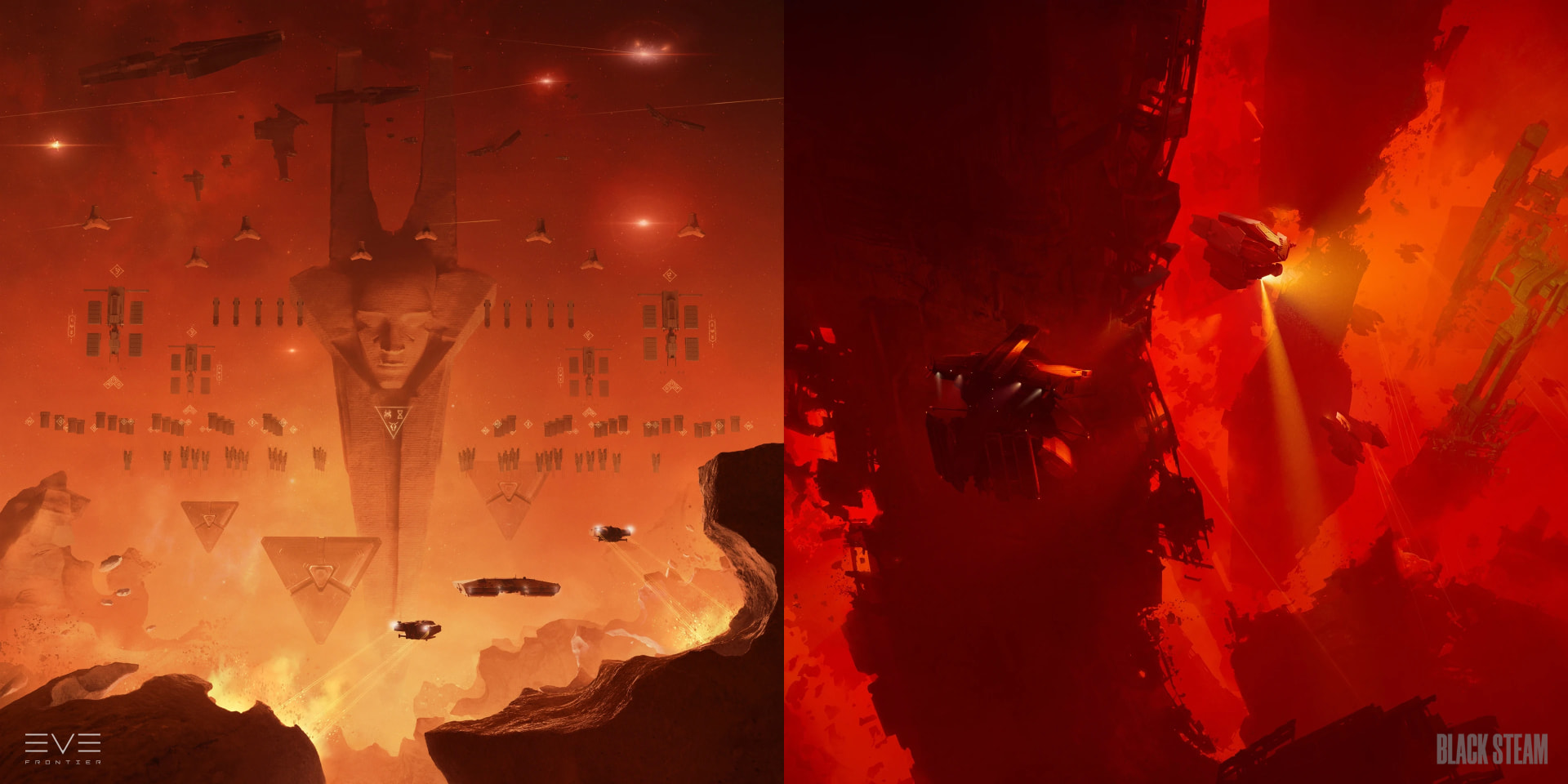 A fleet gathered around a monumental carved face in an orange nebula, beside a spacecraft in a red canyon